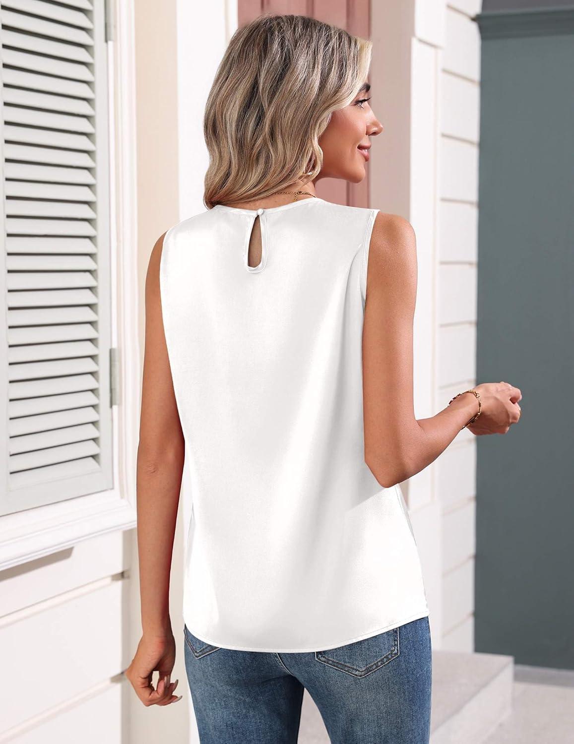 imageZeagoo Camisole Tops for Women Silk Satin Tank Top Pleated Summer Basic Sleeveless Dressy Work Business Casual Outfits White