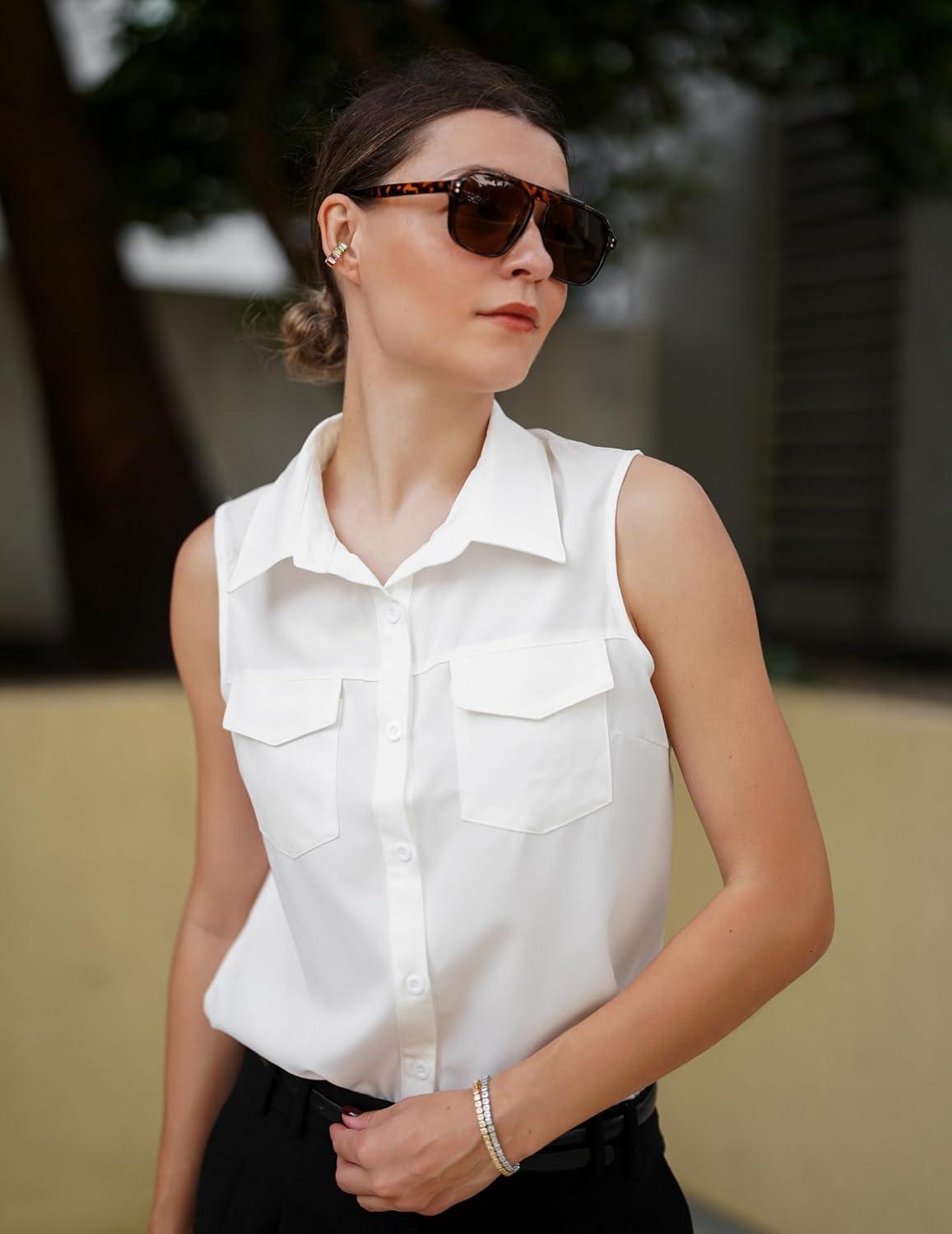 imageZeagoo Sleeveless Button Down Shirt for Women Casual V Neck Blouses Solid Collared Tops Summer Dressy ShirtsAawhite