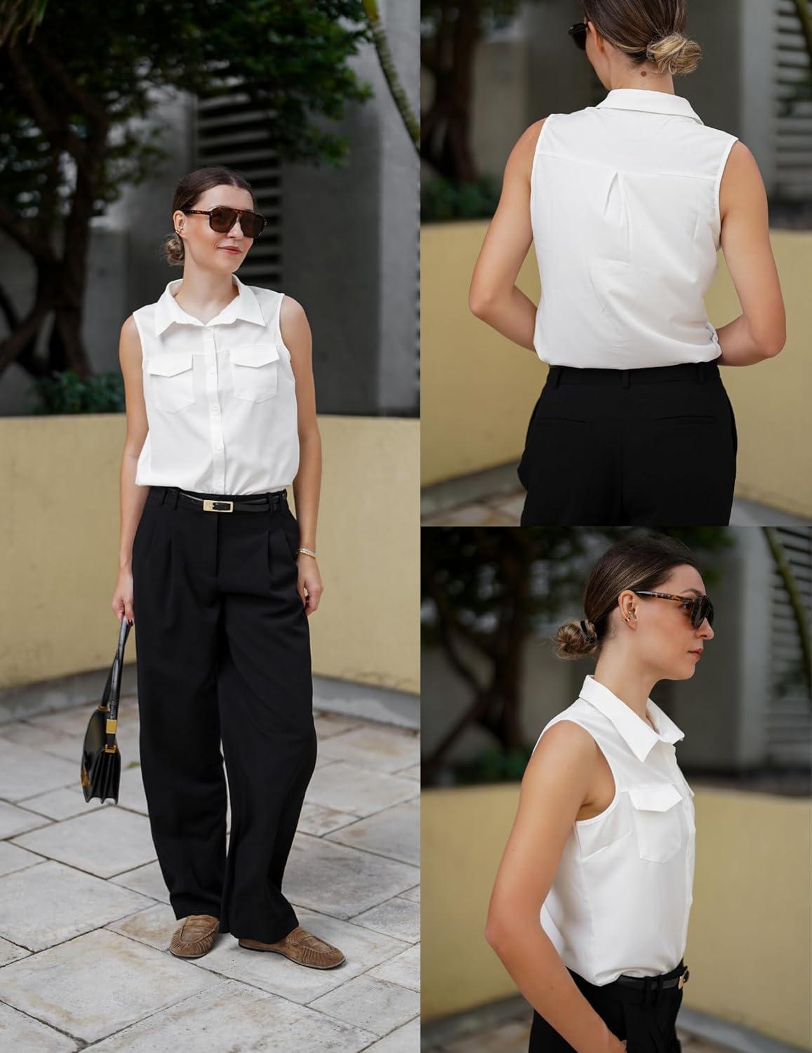 imageZeagoo Sleeveless Button Down Shirt for Women Casual V Neck Blouses Solid Collared Tops Summer Dressy ShirtsAawhite
