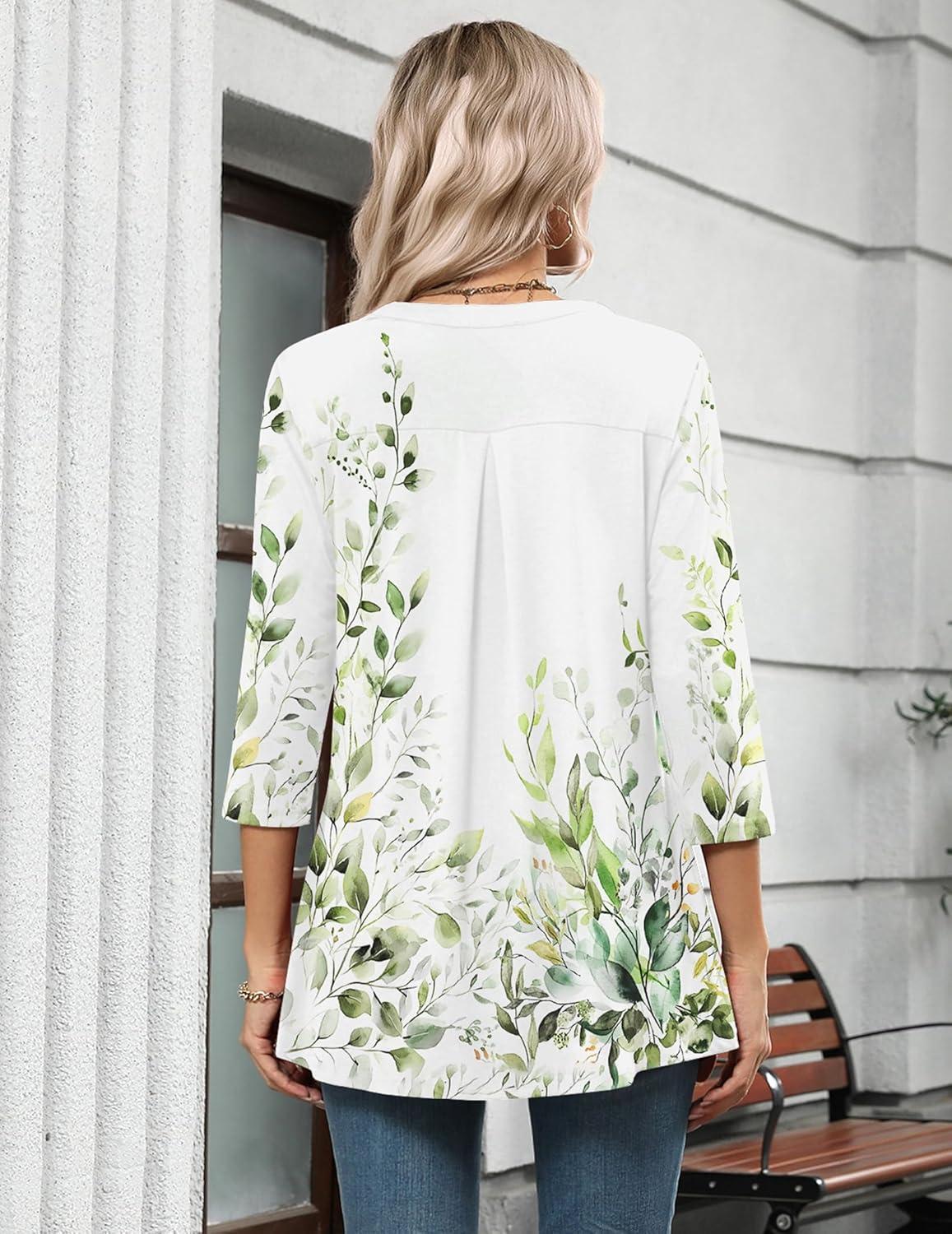 imageZeagoo Womens 34 Length Sleeve Tops V Neck Tunic Casual Dressy Blouse Floral Printed ShirtsGreen Leaf on White Wf135