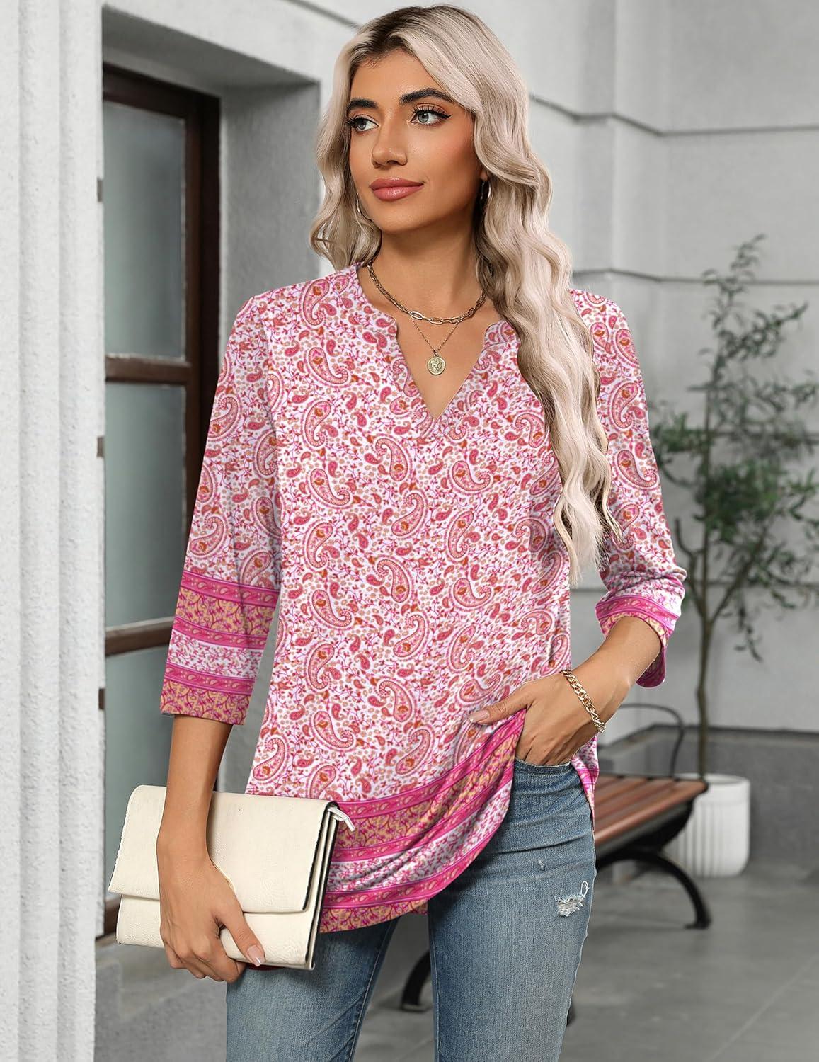 imageZeagoo Womens 34 Length Sleeve Tops V Neck Tunic Casual Dressy Blouse Floral Printed ShirtsPink Floral Mz744