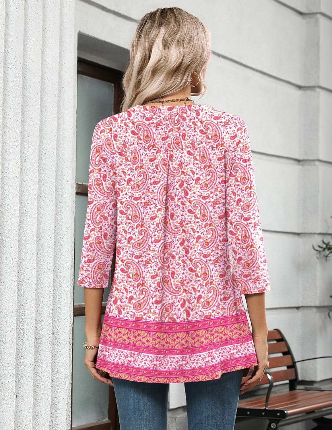 imageZeagoo Womens 34 Length Sleeve Tops V Neck Tunic Casual Dressy Blouse Floral Printed ShirtsPink Floral Mz744