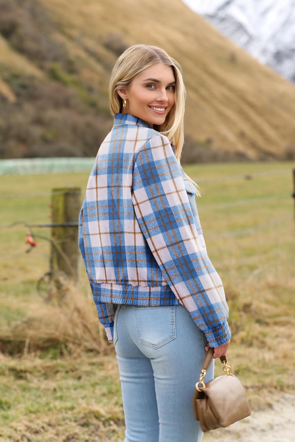 imageZeagoo Womens Cropped Jacket Stand Collar Long Sleeve Zip Up Shackets Bomber Jacket Coats with PocketsBlue Plaid Flannel