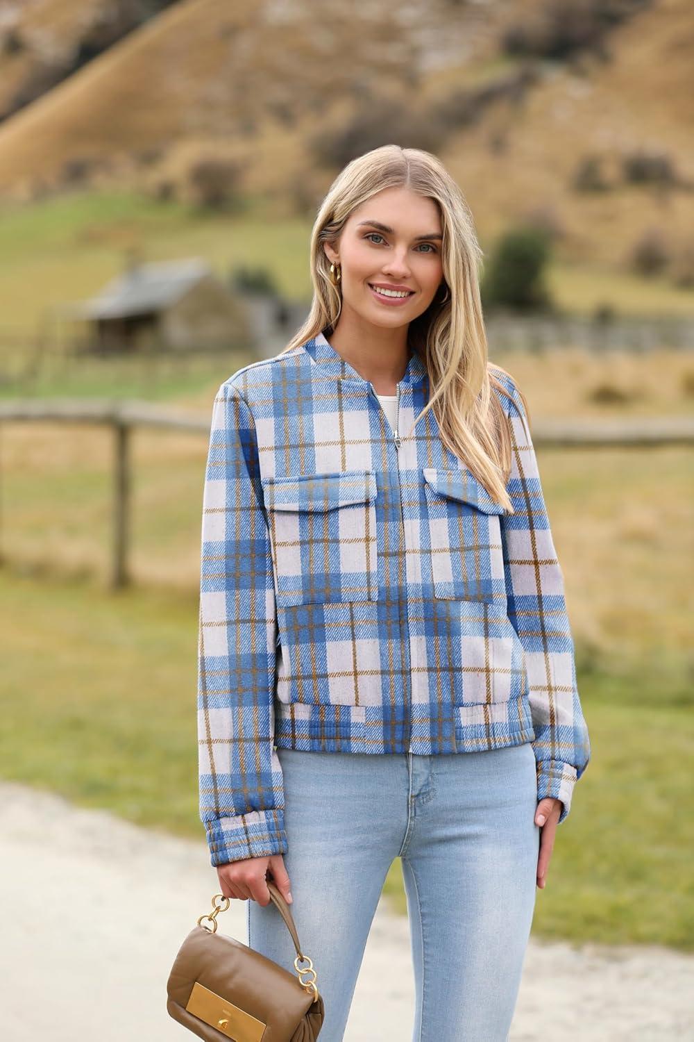 imageZeagoo Womens Cropped Jacket Stand Collar Long Sleeve Zip Up Shackets Bomber Jacket Coats with PocketsBlue Plaid Flannel