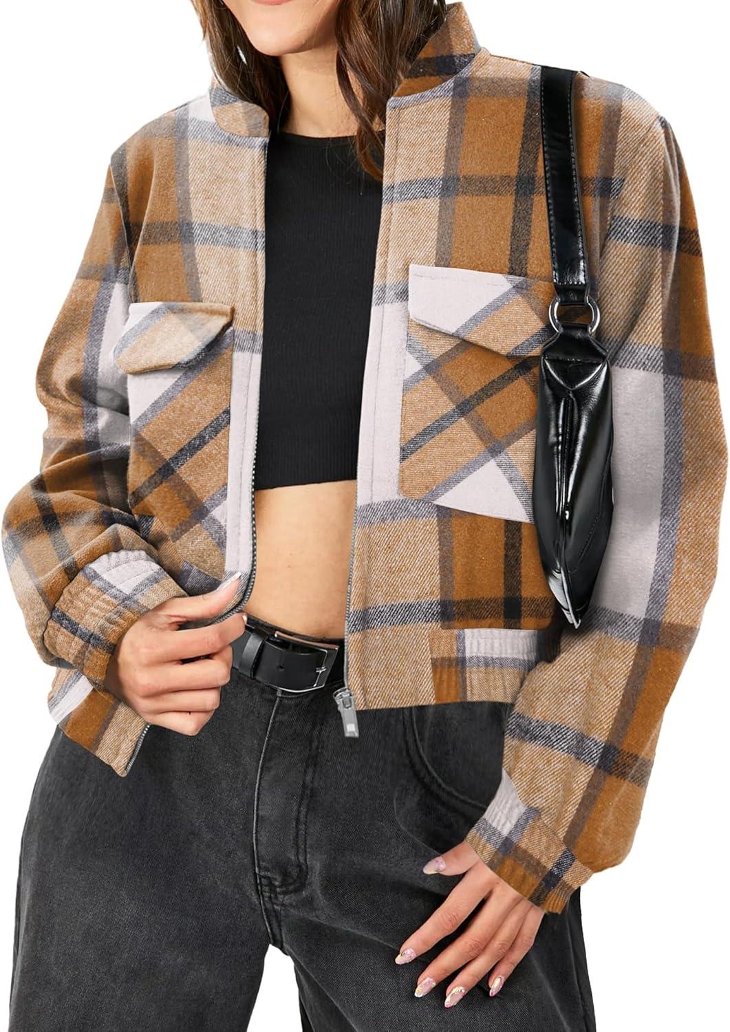 imageZeagoo Womens Cropped Jacket Stand Collar Long Sleeve Zip Up Shackets Bomber Jacket Coats with PocketsKhaki Plaid Flannel
