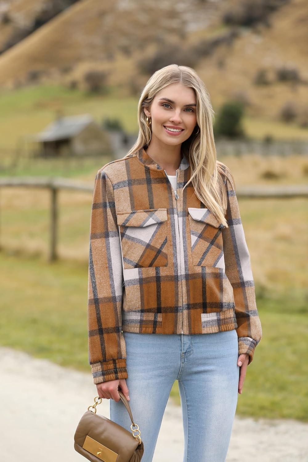 imageZeagoo Womens Cropped Jacket Stand Collar Long Sleeve Zip Up Shackets Bomber Jacket Coats with PocketsKhaki Plaid Flannel