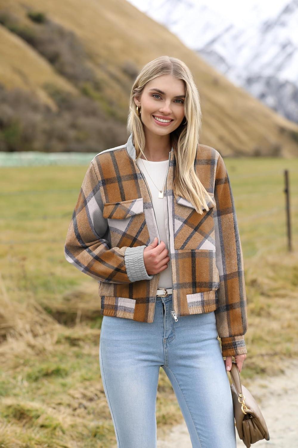 imageZeagoo Womens Cropped Jacket Stand Collar Long Sleeve Zip Up Shackets Bomber Jacket Coats with PocketsKhaki Plaid Flannel