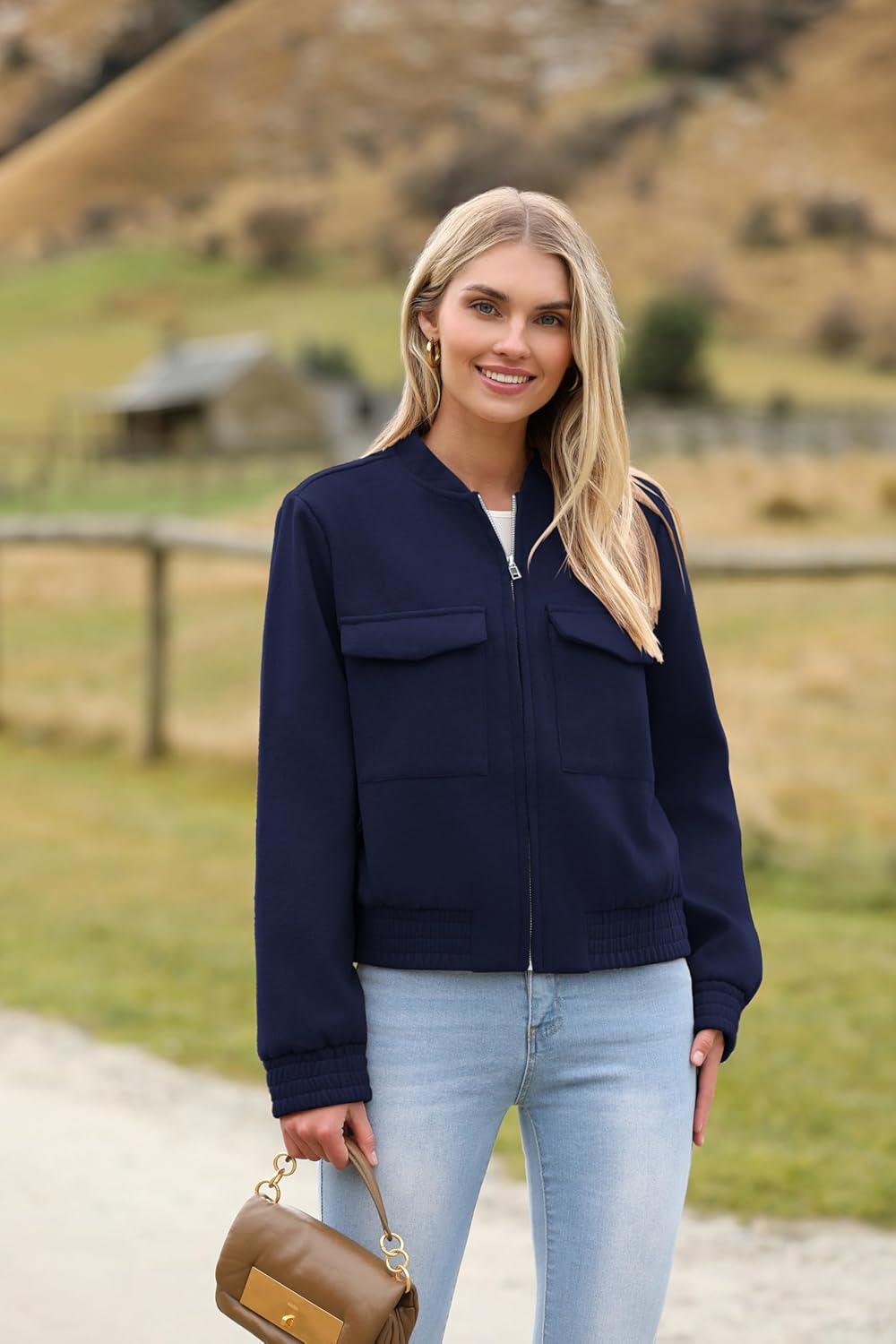 imageZeagoo Womens Cropped Jacket Stand Collar Long Sleeve Zip Up Shackets Bomber Jacket Coats with PocketsNavy Blue