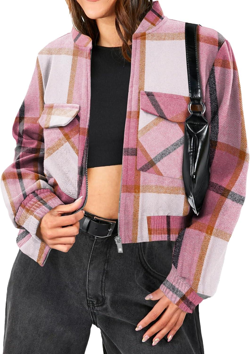 imageZeagoo Womens Cropped Jacket Stand Collar Long Sleeve Zip Up Shackets Bomber Jacket Coats with PocketsPink Plaid Flannel