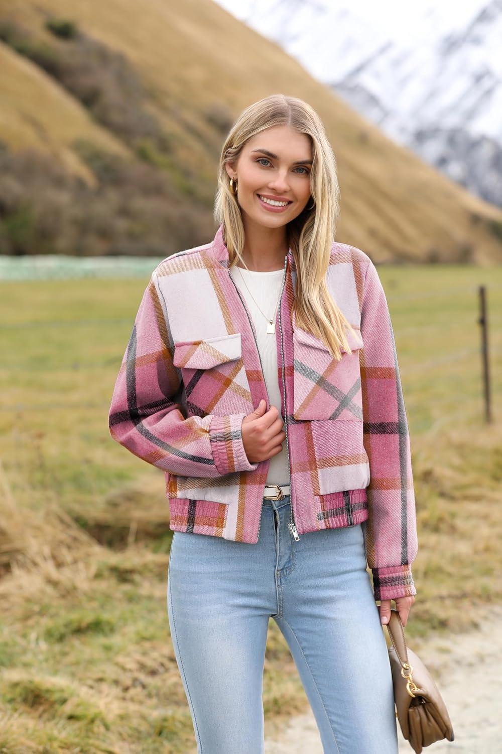 imageZeagoo Womens Cropped Jacket Stand Collar Long Sleeve Zip Up Shackets Bomber Jacket Coats with PocketsPink Plaid Flannel
