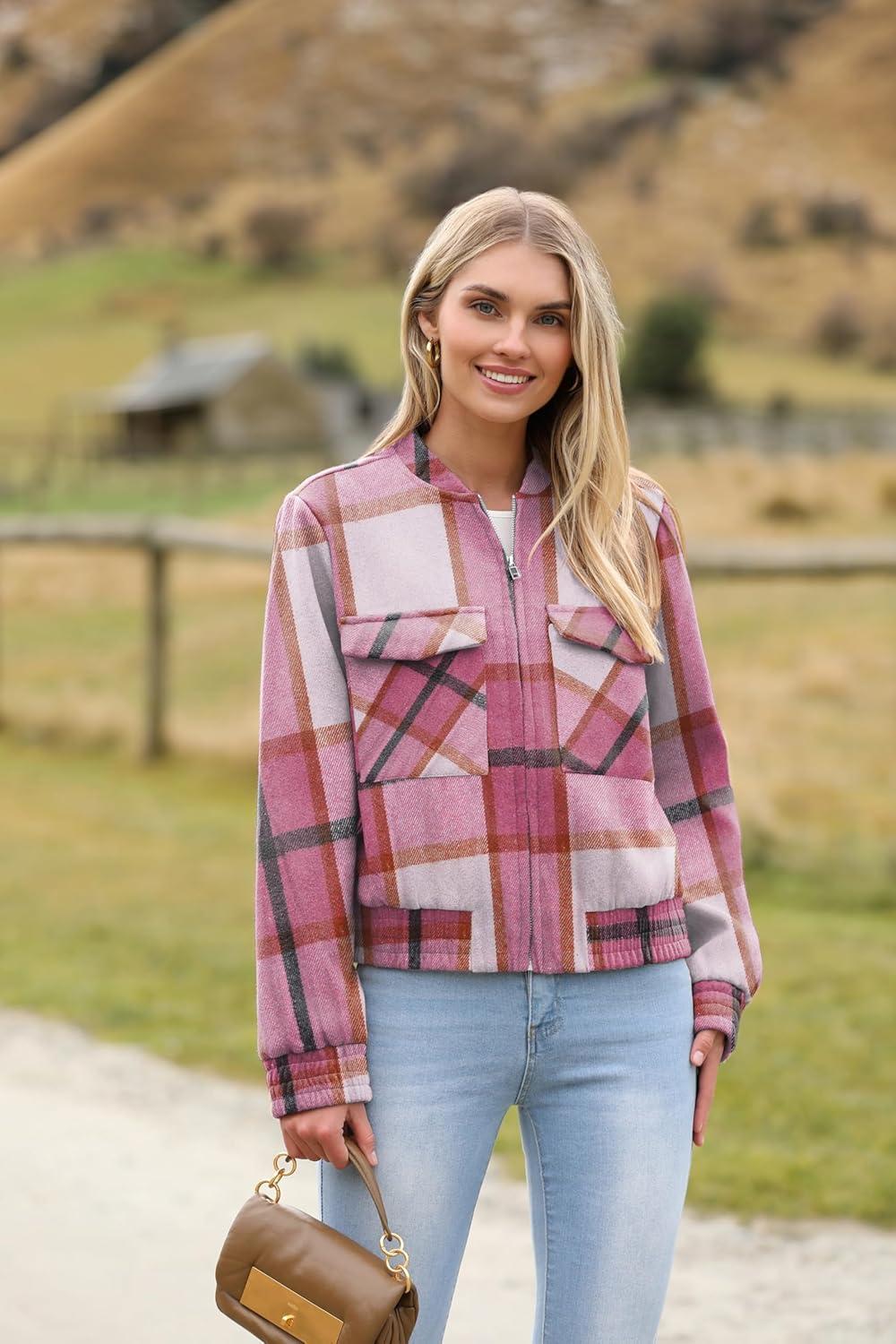 imageZeagoo Womens Cropped Jacket Stand Collar Long Sleeve Zip Up Shackets Bomber Jacket Coats with PocketsPink Plaid Flannel