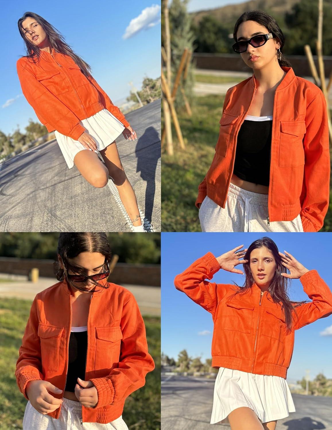 imageZeagoo Womens Cropped Jacket Stand Collar Long Sleeve Zip Up Shackets Bomber Jacket Coats with PocketsPumpkin
