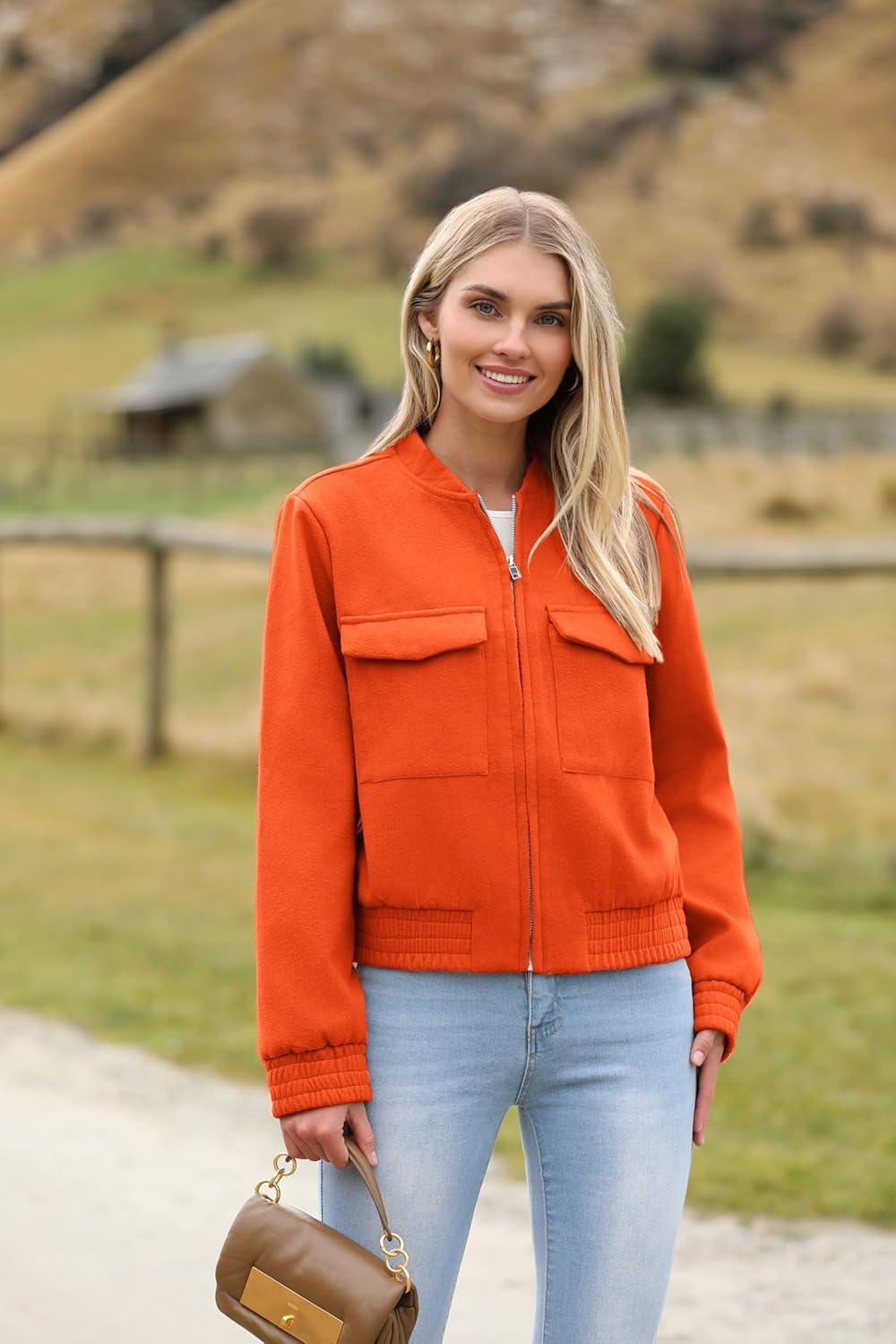 imageZeagoo Womens Cropped Jacket Stand Collar Long Sleeve Zip Up Shackets Bomber Jacket Coats with PocketsPumpkin