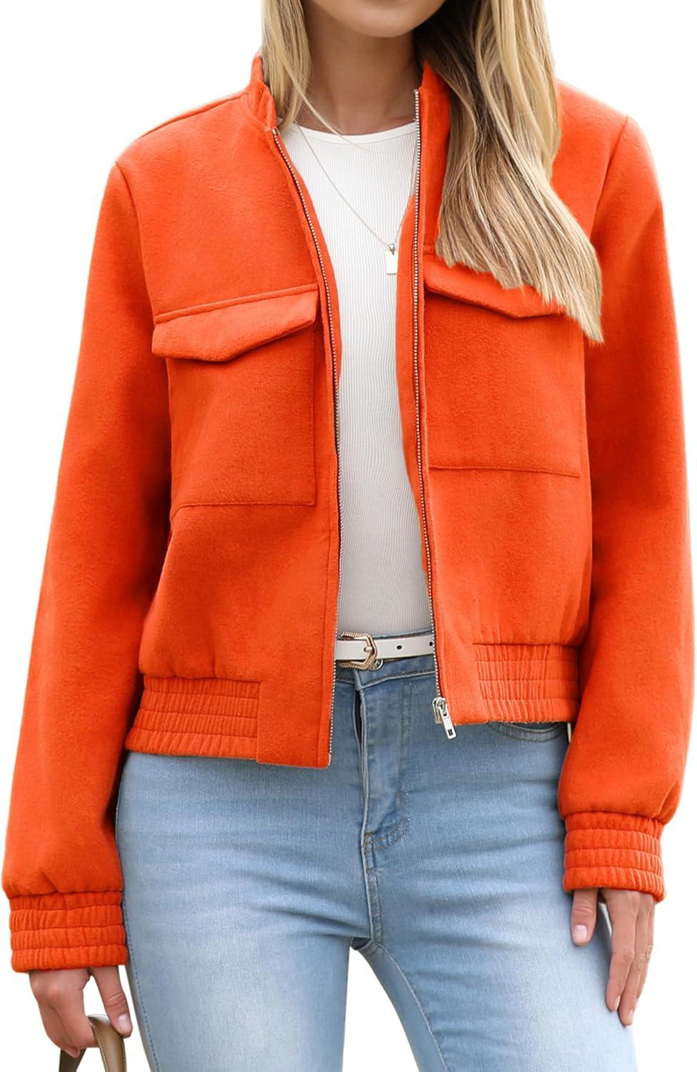 imageZeagoo Womens Cropped Jacket Stand Collar Long Sleeve Zip Up Shackets Bomber Jacket Coats with PocketsPumpkin