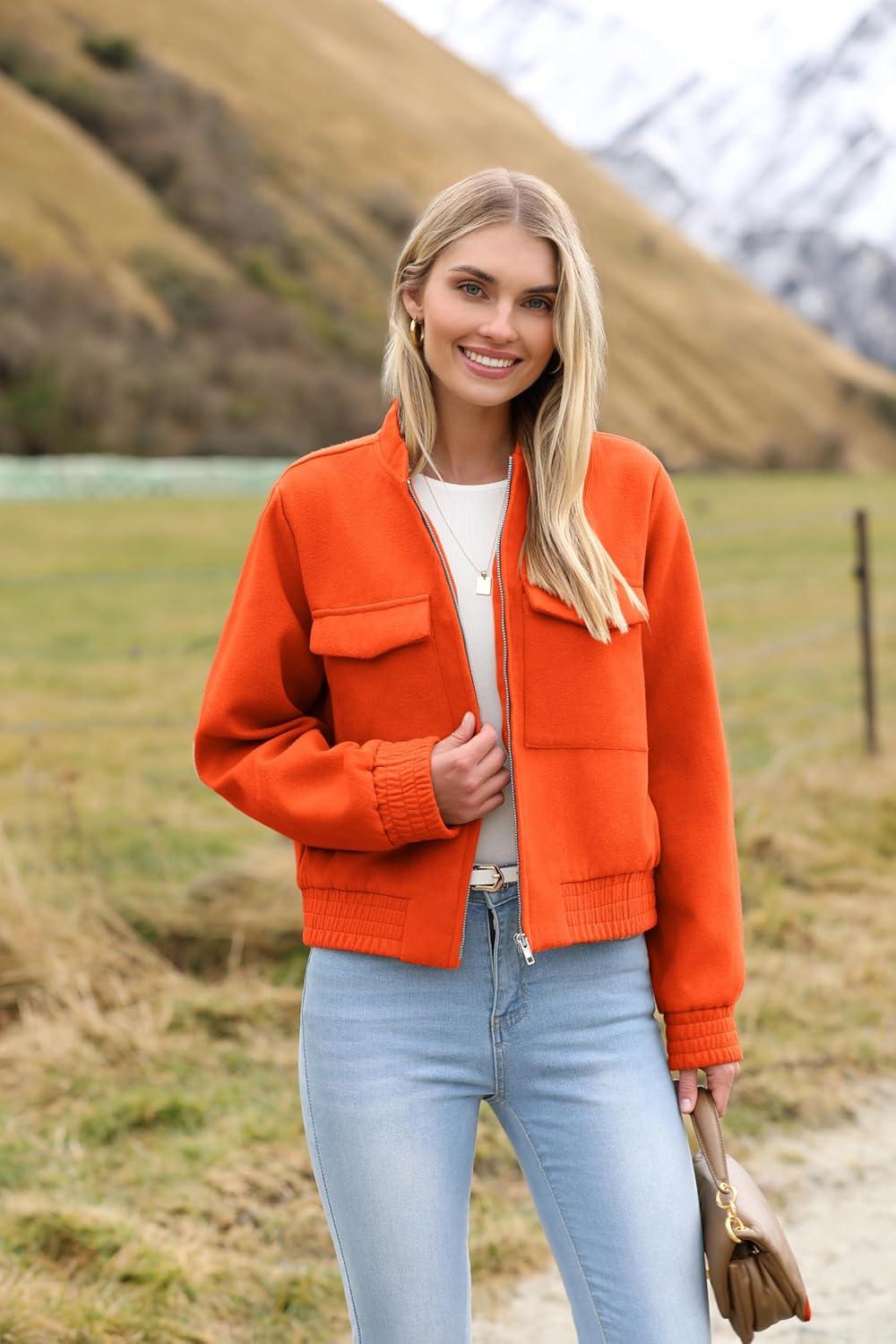 imageZeagoo Womens Cropped Jacket Stand Collar Long Sleeve Zip Up Shackets Bomber Jacket Coats with PocketsPumpkin