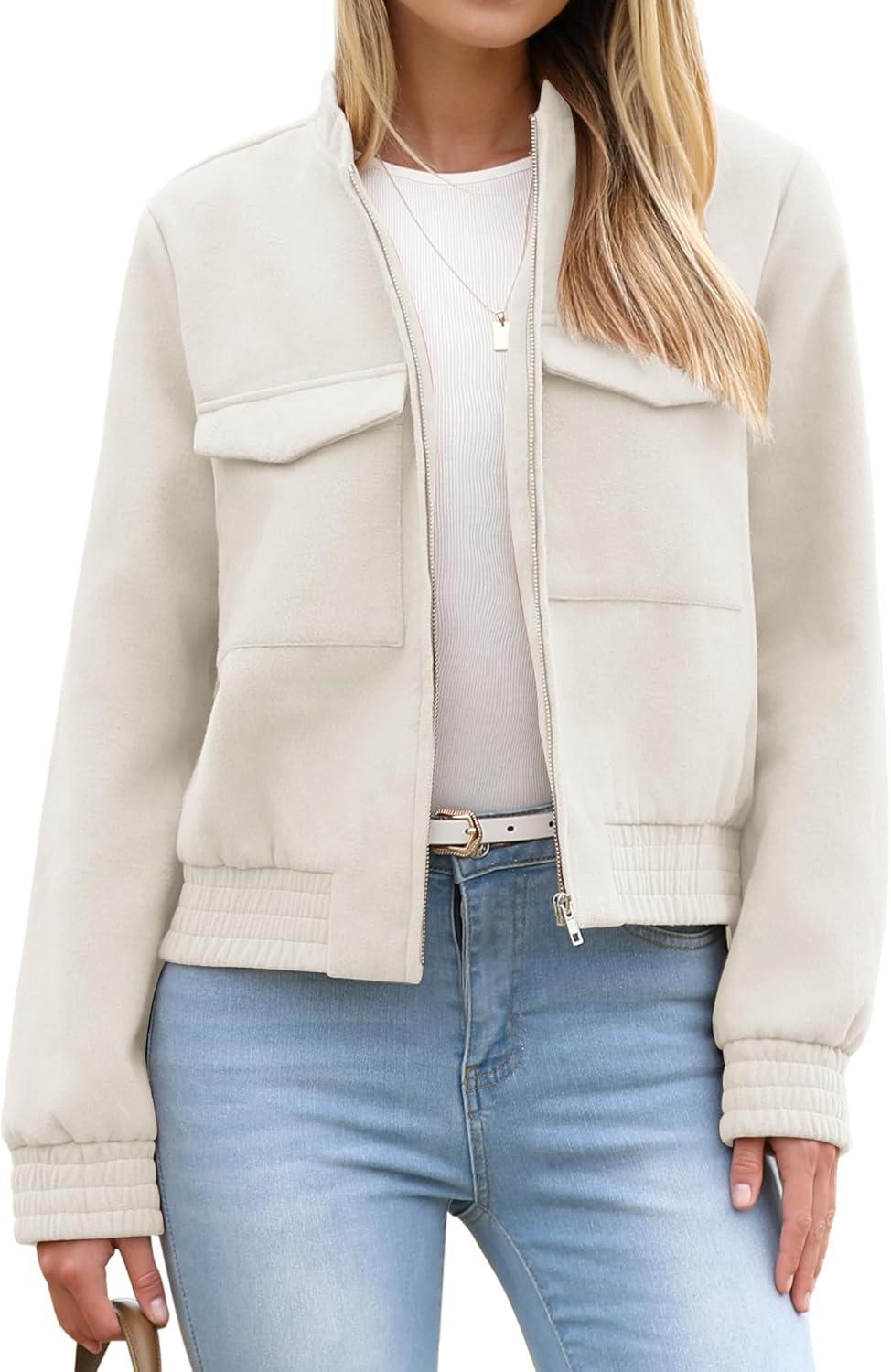 imageZeagoo Womens Cropped Jacket Stand Collar Long Sleeve Zip Up Shackets Bomber Jacket Coats with PocketsWhite