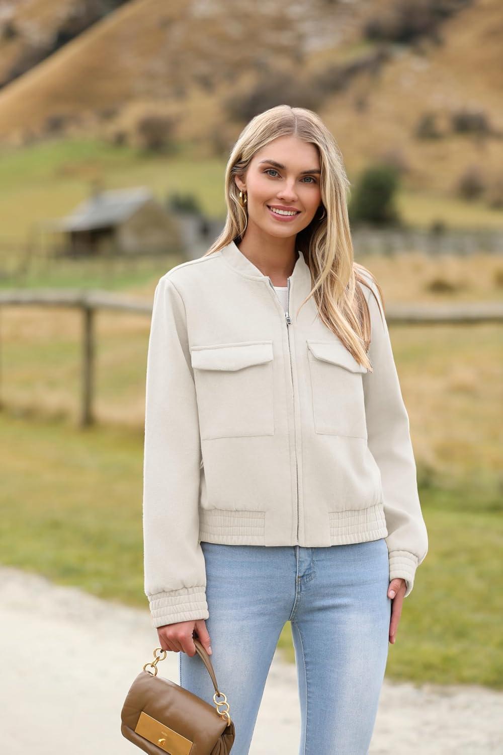 imageZeagoo Womens Cropped Jacket Stand Collar Long Sleeve Zip Up Shackets Bomber Jacket Coats with PocketsWhite