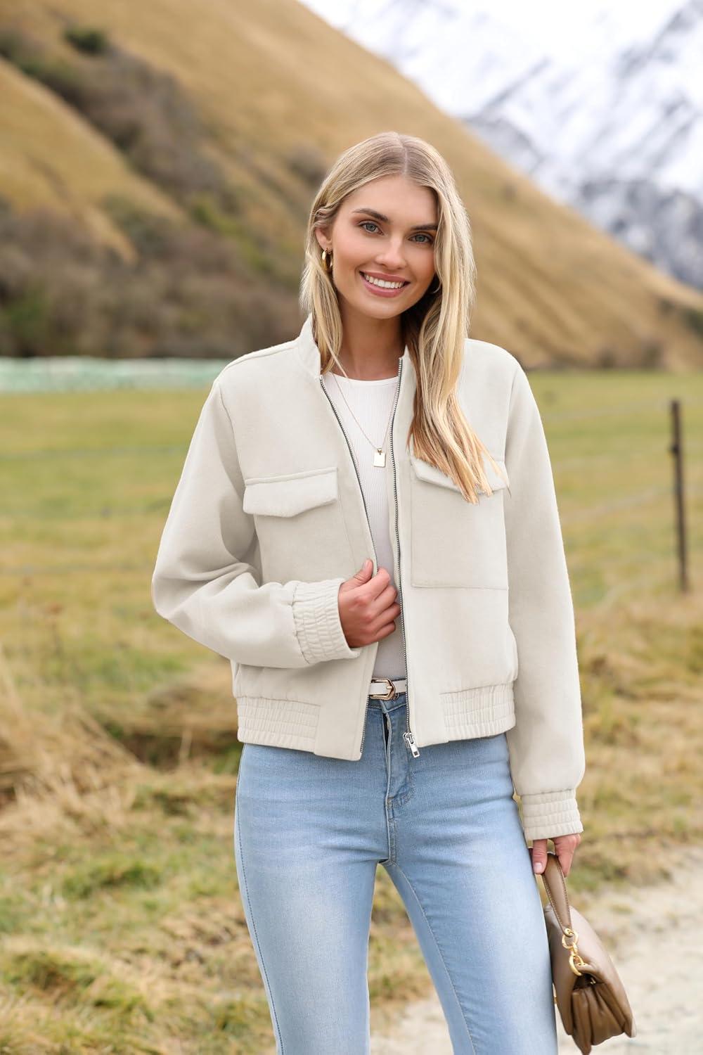 imageZeagoo Womens Cropped Jacket Stand Collar Long Sleeve Zip Up Shackets Bomber Jacket Coats with PocketsWhite