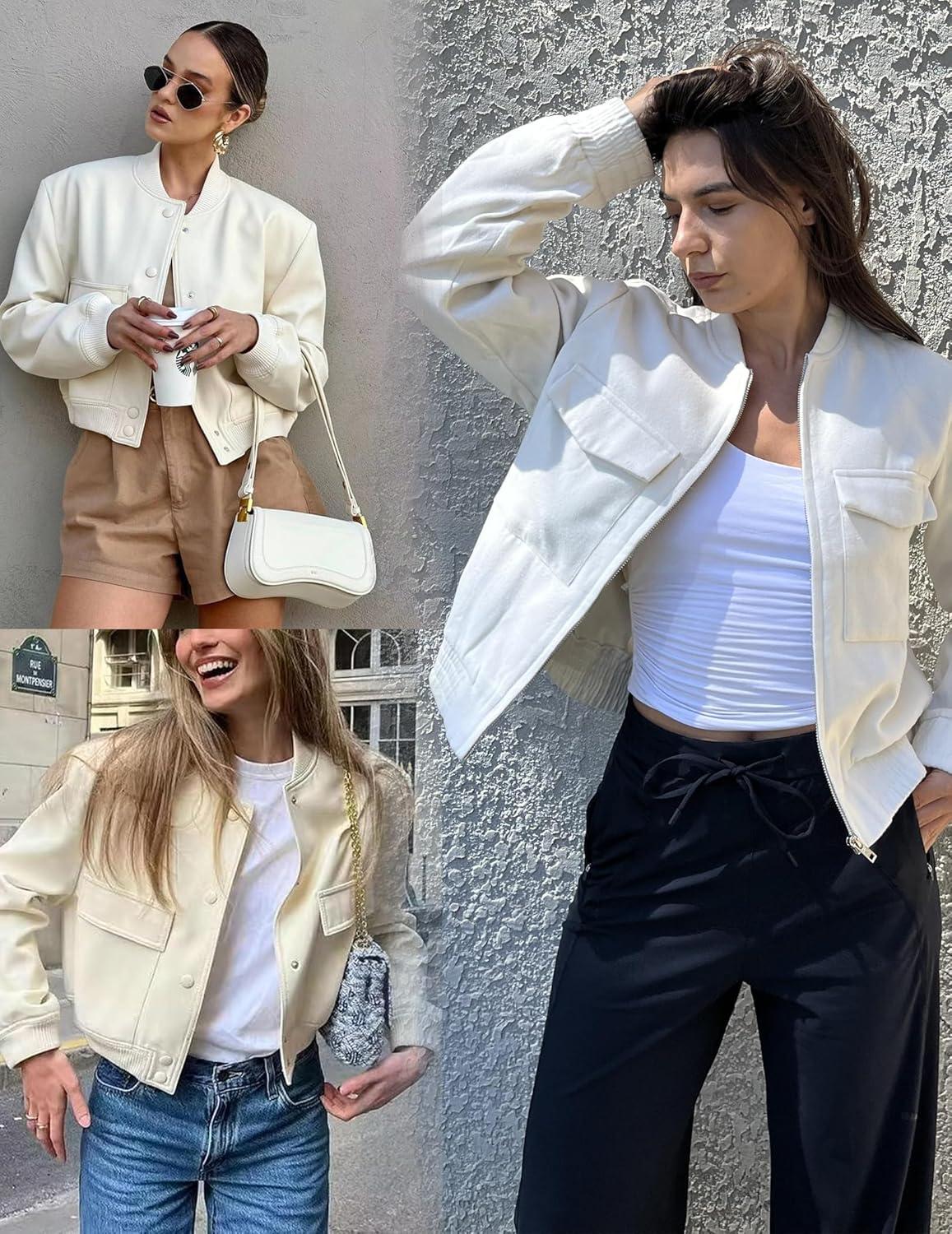 imageZeagoo Womens Cropped Jacket Stand Collar Long Sleeve Zip Up Shackets Bomber Jacket Coats with PocketsWhite