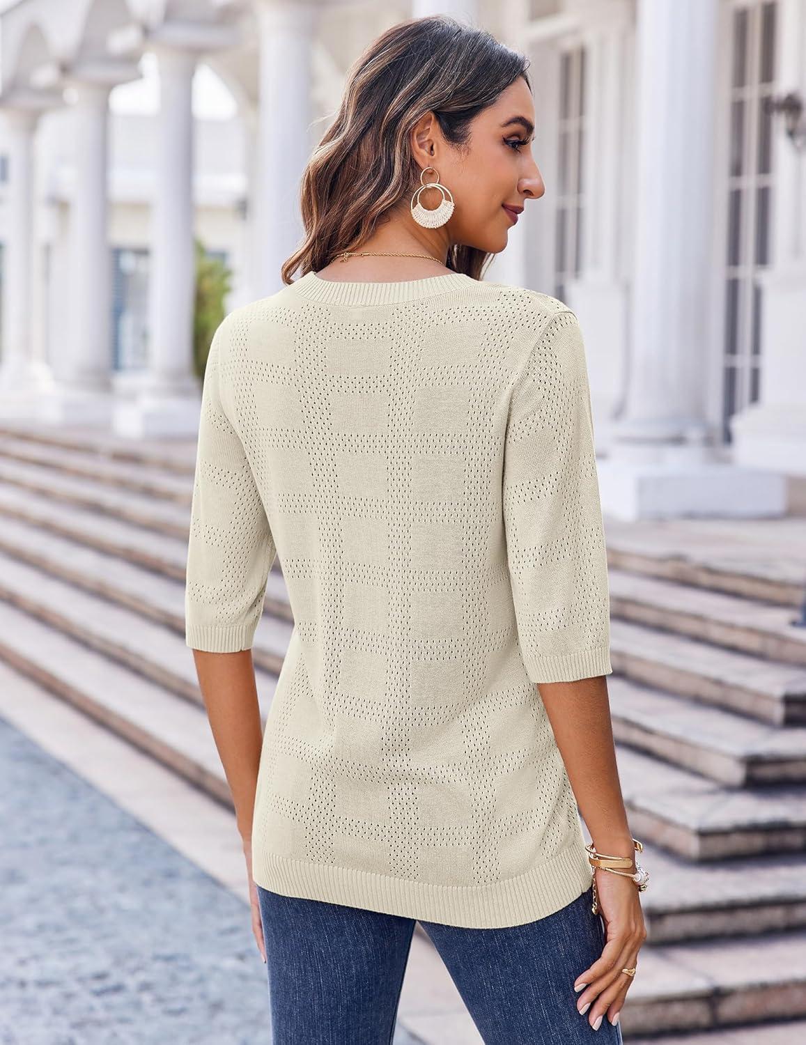 imageZeagoo Womens Loose Short Sleeve Tunic Tops Lightweight Crew Neck Crochet Knit Pullover Sweater BlousesBeige