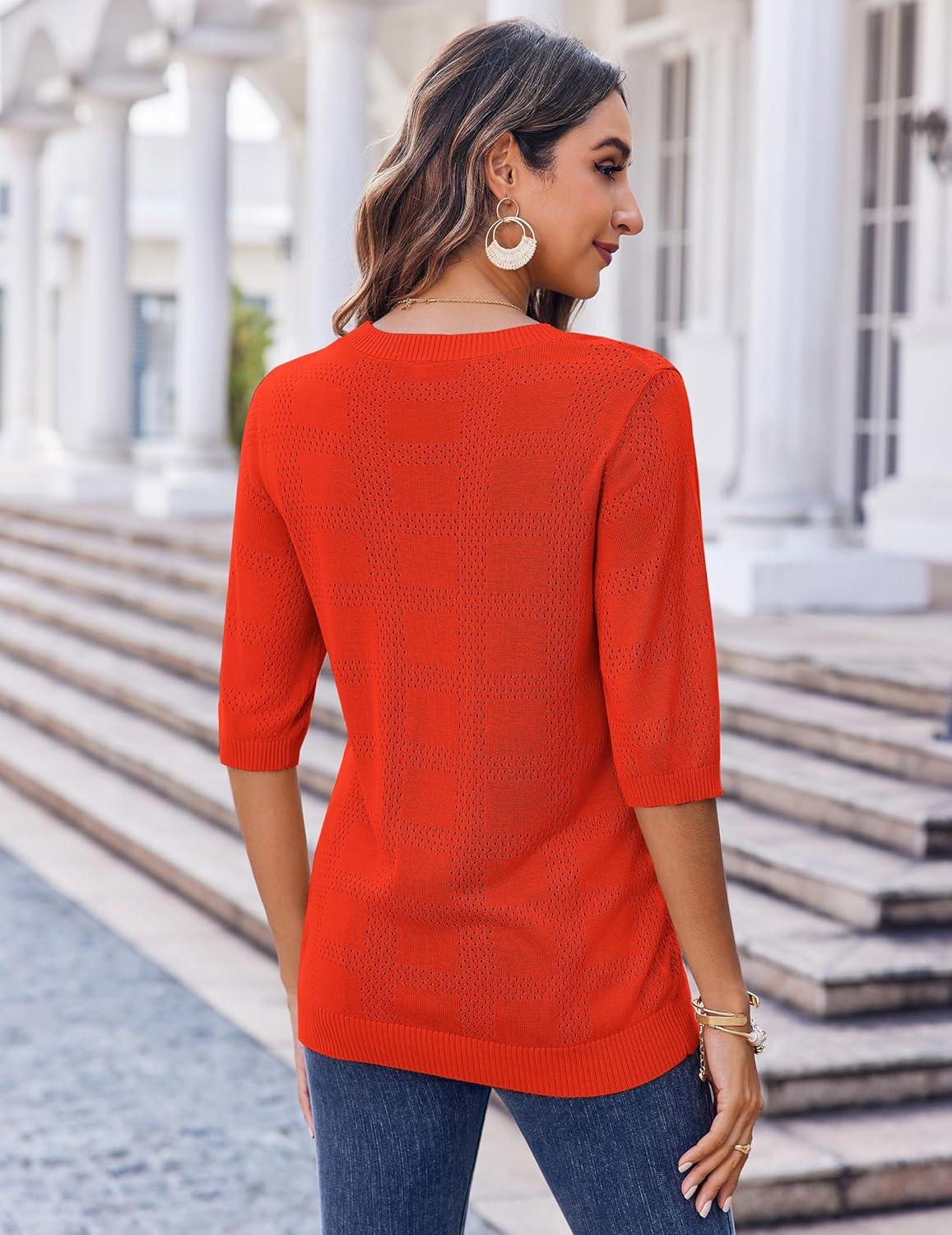 imageZeagoo Womens Loose Short Sleeve Tunic Tops Lightweight Crew Neck Crochet Knit Pullover Sweater BlousesRed