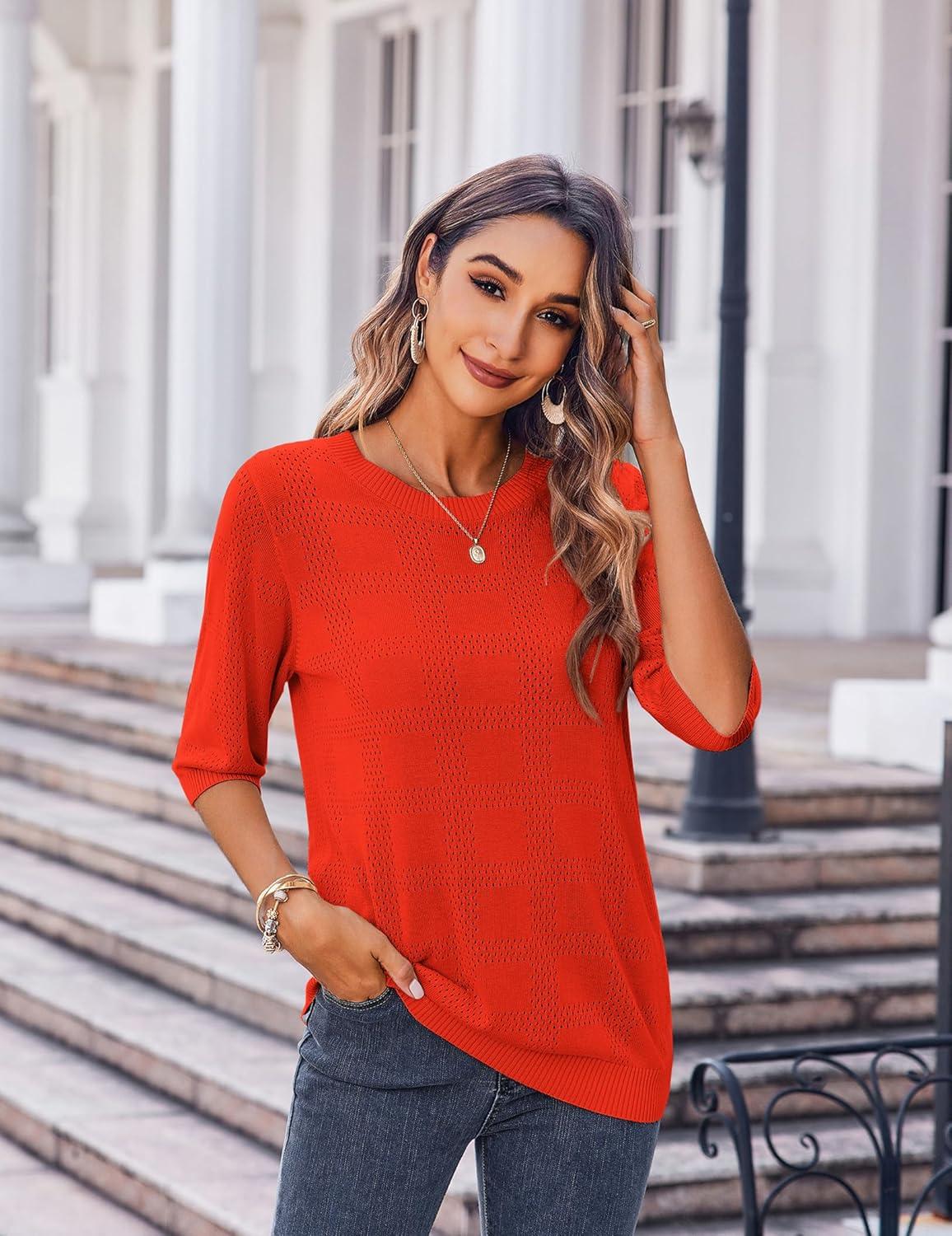 imageZeagoo Womens Loose Short Sleeve Tunic Tops Lightweight Crew Neck Crochet Knit Pullover Sweater BlousesRed