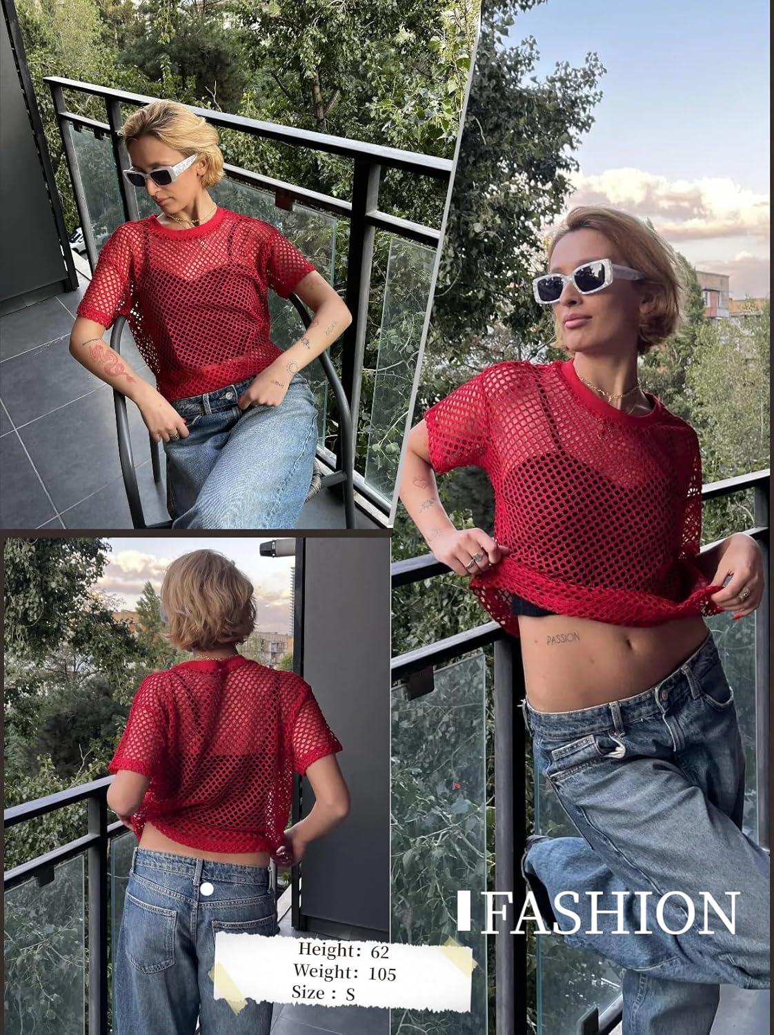 imageZeagoo Womens Mesh T Shirts Short Sleeve Casual Tops Hollow Out Pullover Shirts Crewneck Sexy Fishnet Crop Tee SXXL