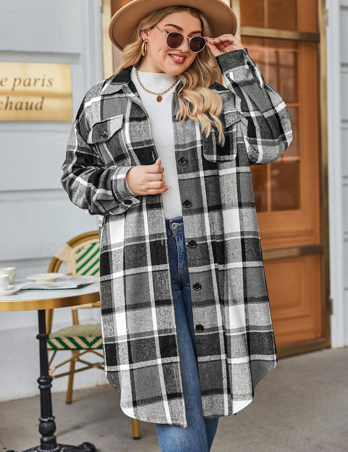 imageZeagoo Womens Plus Size Flannel Plaid Button Down Shirts Long Sleeve Lounge Lapel Tartan Shacket Jacket Long Coats 2024Black