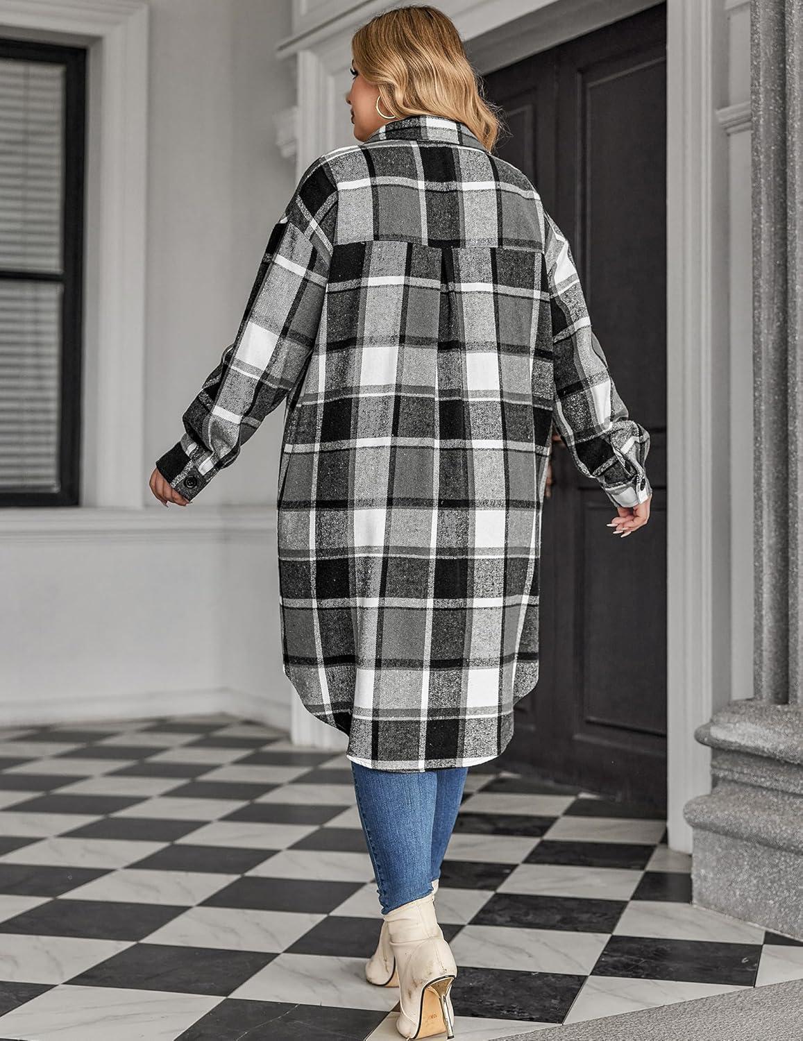 imageZeagoo Womens Plus Size Flannel Plaid Button Down Shirts Long Sleeve Lounge Lapel Tartan Shacket Jacket Long Coats 2024Black