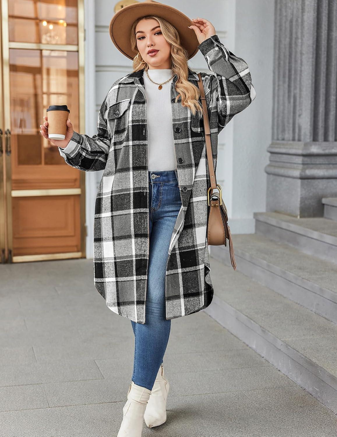 imageZeagoo Womens Plus Size Flannel Plaid Button Down Shirts Long Sleeve Lounge Lapel Tartan Shacket Jacket Long Coats 2024Black