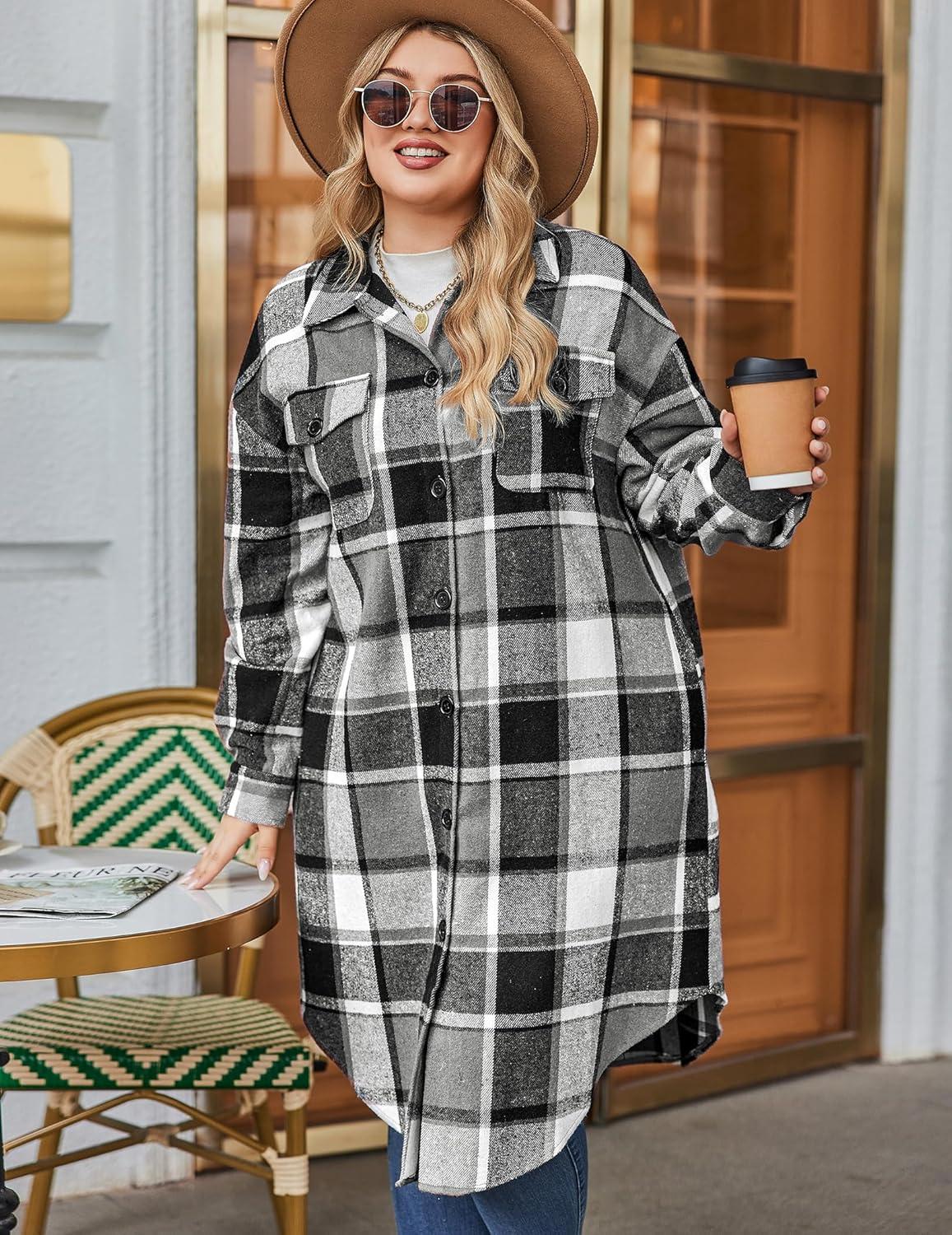 imageZeagoo Womens Plus Size Flannel Plaid Button Down Shirts Long Sleeve Lounge Lapel Tartan Shacket Jacket Long Coats 2024Black
