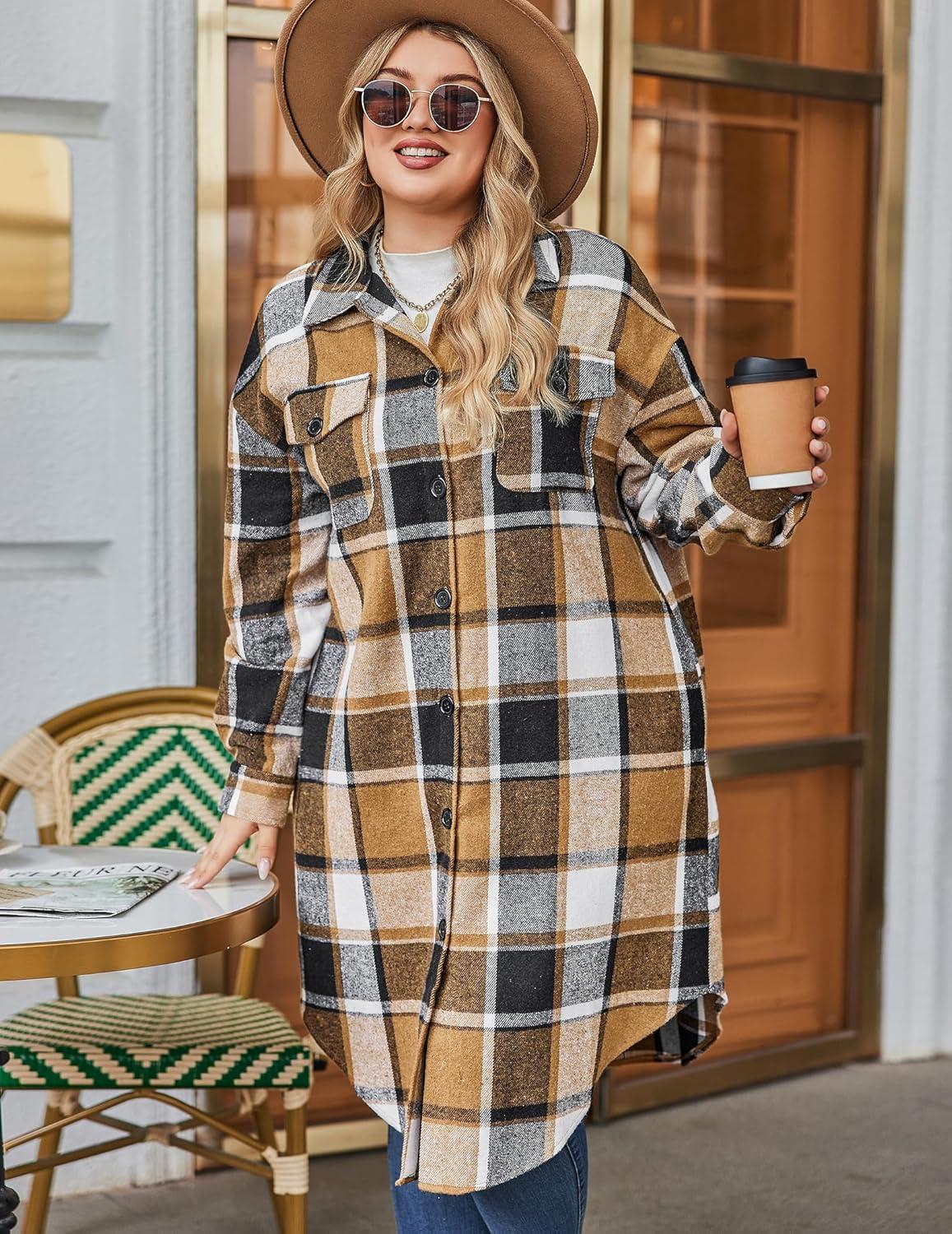 imageZeagoo Womens Plus Size Flannel Plaid Button Down Shirts Long Sleeve Lounge Lapel Tartan Shacket Jacket Long Coats 2024Brown