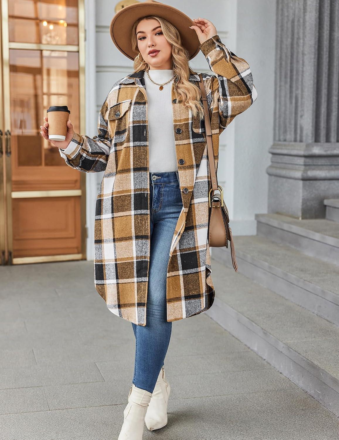 imageZeagoo Womens Plus Size Flannel Plaid Button Down Shirts Long Sleeve Lounge Lapel Tartan Shacket Jacket Long Coats 2024Brown