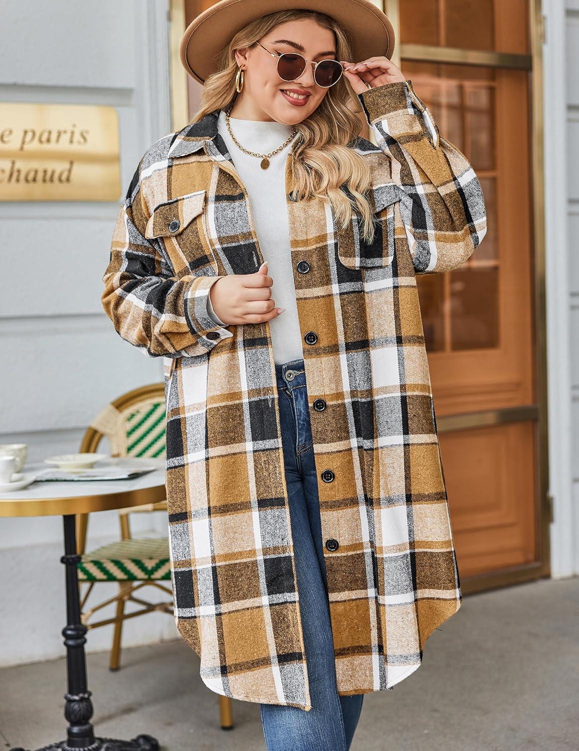 imageZeagoo Womens Plus Size Flannel Plaid Button Down Shirts Long Sleeve Lounge Lapel Tartan Shacket Jacket Long Coats 2024Brown
