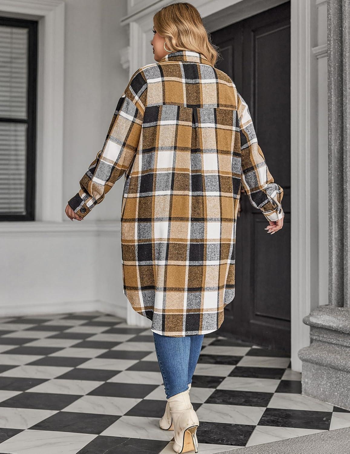 imageZeagoo Womens Plus Size Flannel Plaid Button Down Shirts Long Sleeve Lounge Lapel Tartan Shacket Jacket Long Coats 2024Brown