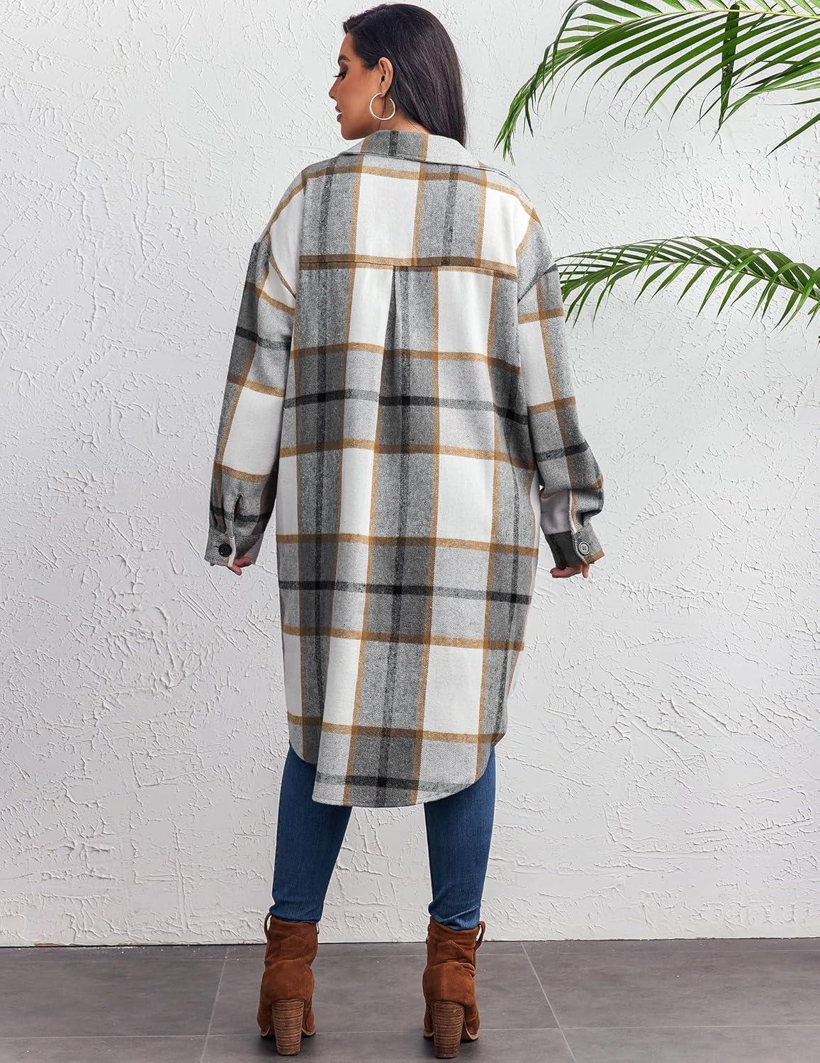 imageZeagoo Womens Plus Size Flannel Plaid Button Down Shirts Long Sleeve Lounge Lapel Tartan Shacket Jacket Long Coats 2024Grey