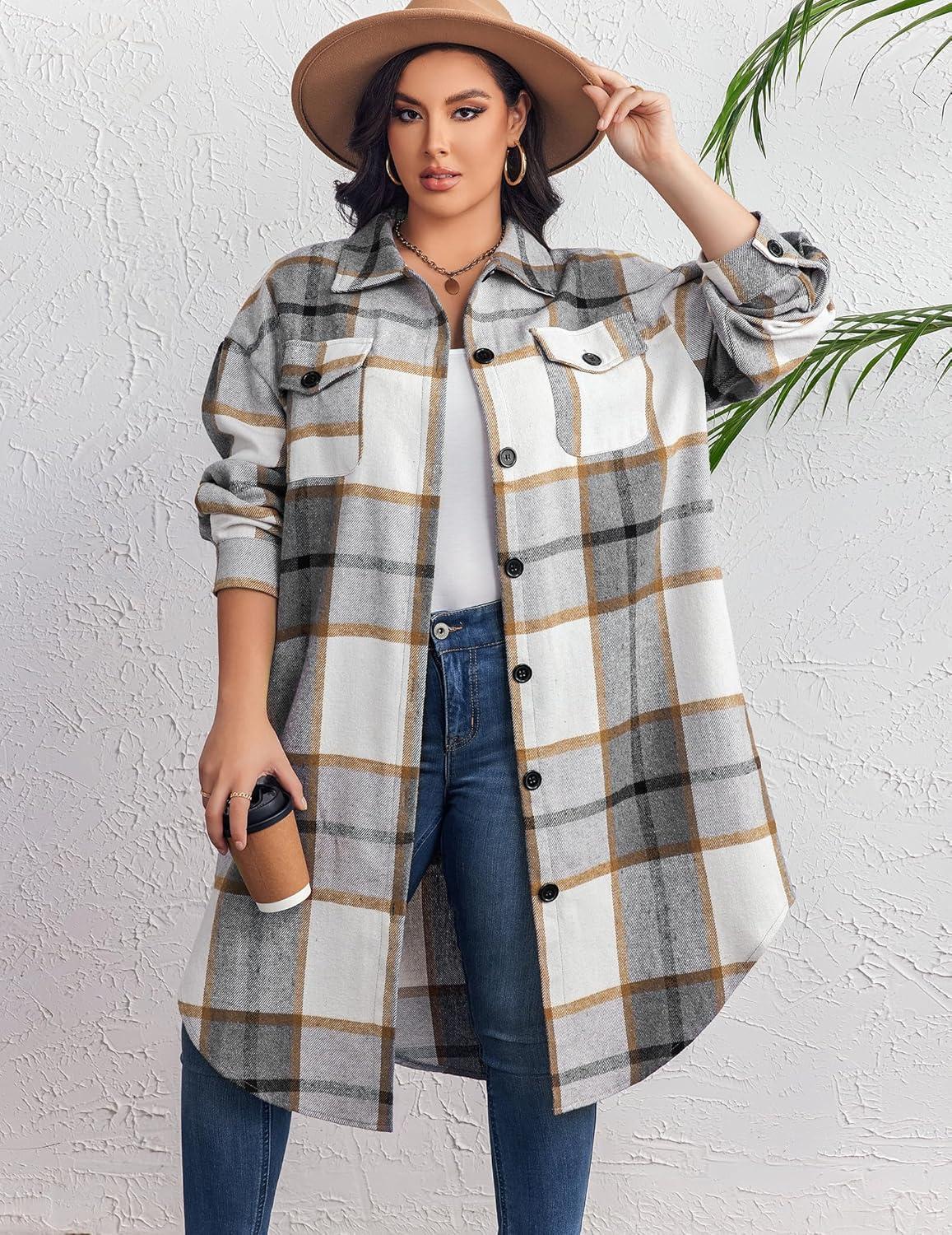 imageZeagoo Womens Plus Size Flannel Plaid Button Down Shirts Long Sleeve Lounge Lapel Tartan Shacket Jacket Long Coats 2024Grey