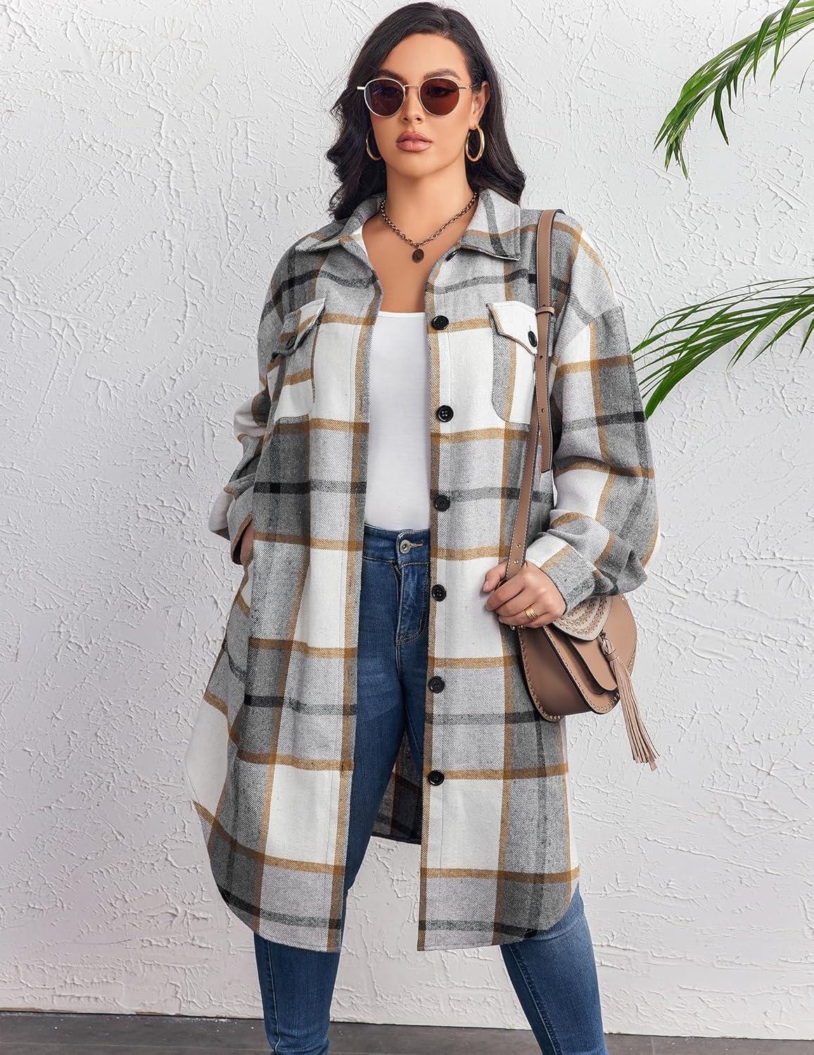 imageZeagoo Womens Plus Size Flannel Plaid Button Down Shirts Long Sleeve Lounge Lapel Tartan Shacket Jacket Long Coats 2024Grey