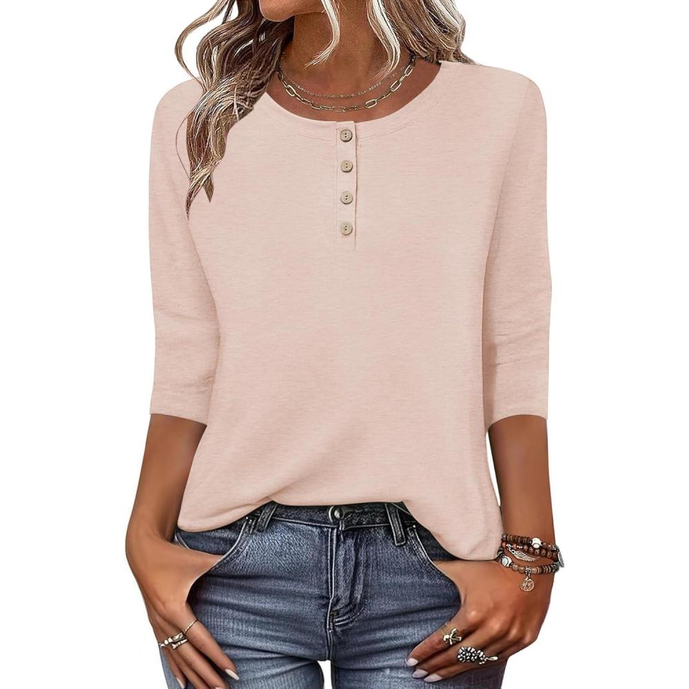 imageZeagoo 34 Length Sleeve Women Tops Crew Neck Blouses Dressy Casual Summer T Shirts Loose Fit Business Work ClothesBeige