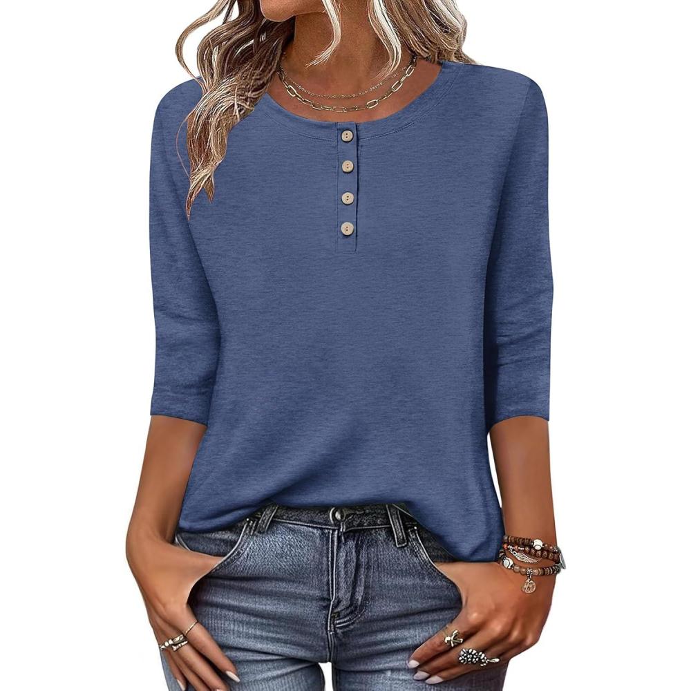 imageZeagoo 34 Length Sleeve Women Tops Crew Neck Blouses Dressy Casual Summer T Shirts Loose Fit Business Work ClothesNavy