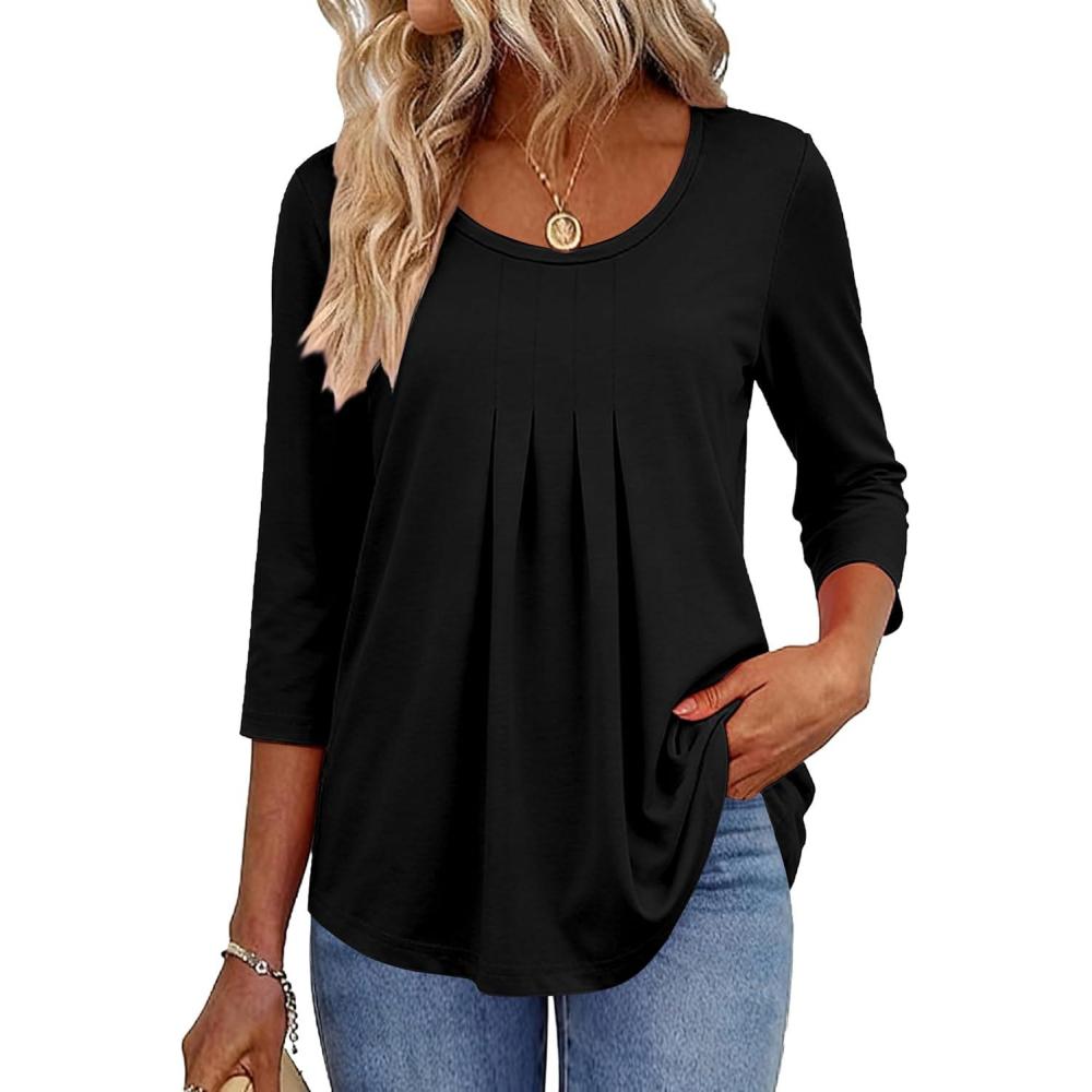 imageZeagoo 34 Sleeve Tops for Women Crew Neck Blouses Pleated Casual Shirts Fall Work Clothes 2026Black