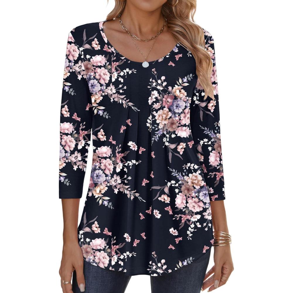 imageZeagoo 34 Sleeve Tops for Women Crew Neck Blouses Pleated Casual Shirts Fall Work Clothes 2026Black Floral