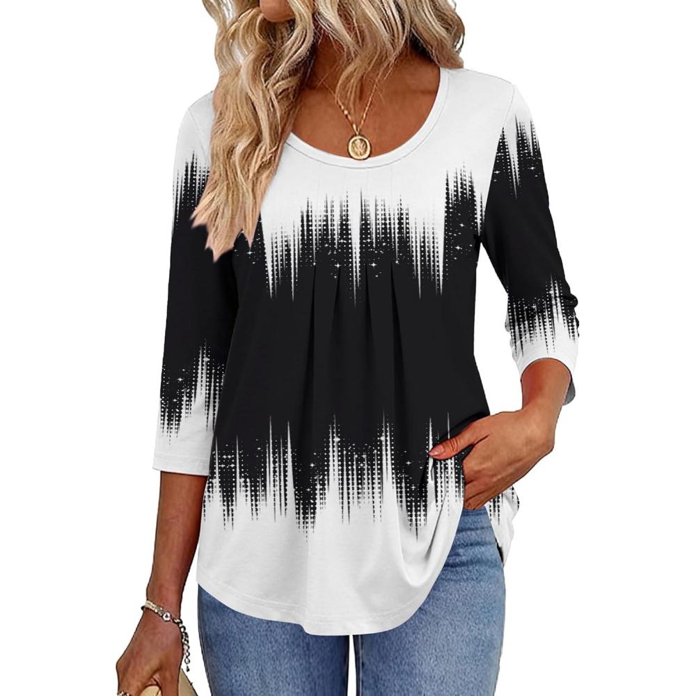 imageZeagoo 34 Sleeve Tops for Women Crew Neck Blouses Pleated Casual Shirts Fall Work Clothes 2026Black White 1