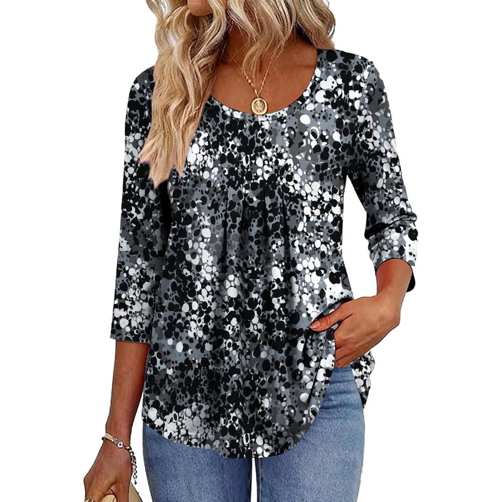 imageZeagoo 34 Sleeve Tops for Women Crew Neck Blouses Pleated Casual Shirts Fall Work Clothes 2026Black White 2