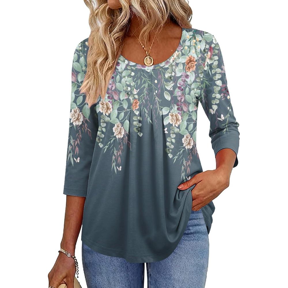 imageZeagoo 34 Sleeve Tops for Women Crew Neck Blouses Pleated Casual Shirts Fall Work Clothes 2026Floral Blue