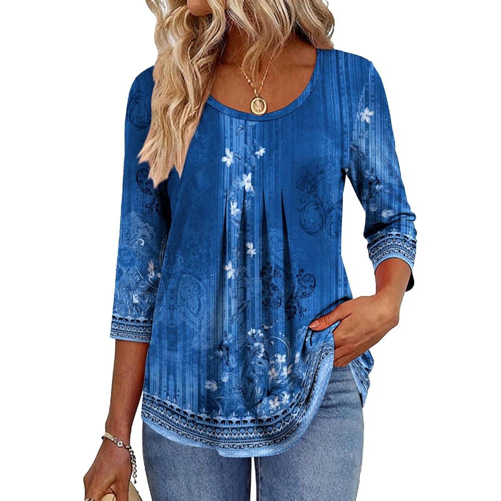 imageZeagoo 34 Sleeve Tops for Women Crew Neck Blouses Pleated Casual Shirts Fall Work Clothes 2026Floral Navy