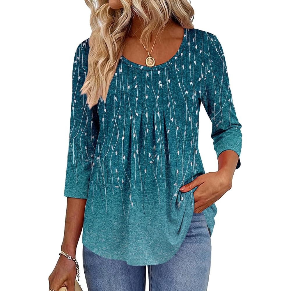 imageZeagoo 34 Sleeve Tops for Women Crew Neck Blouses Pleated Casual Shirts Fall Work Clothes 2026Leaf Blue