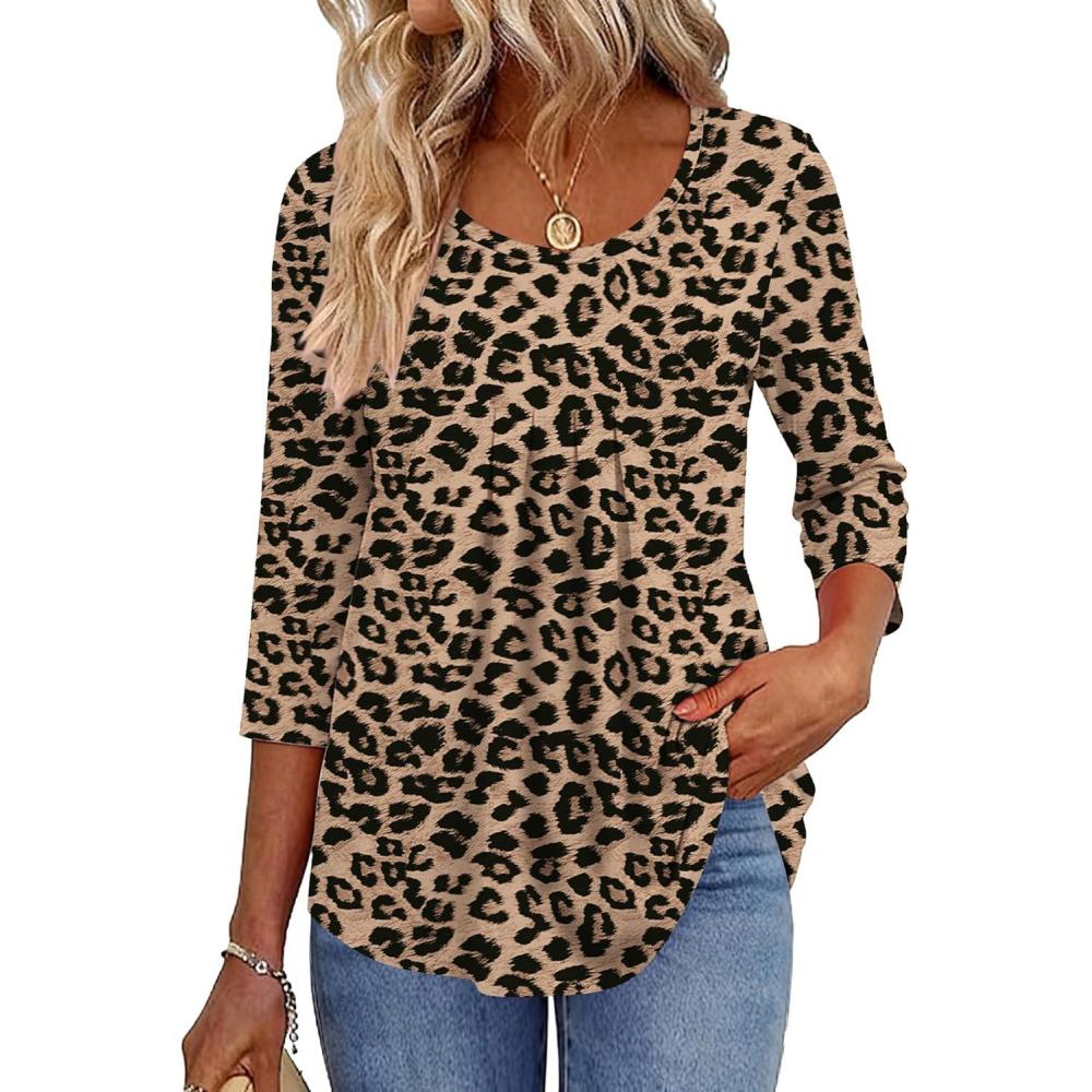 imageZeagoo 34 Sleeve Tops for Women Crew Neck Blouses Pleated Casual Shirts Fall Work Clothes 2026Leopard An284