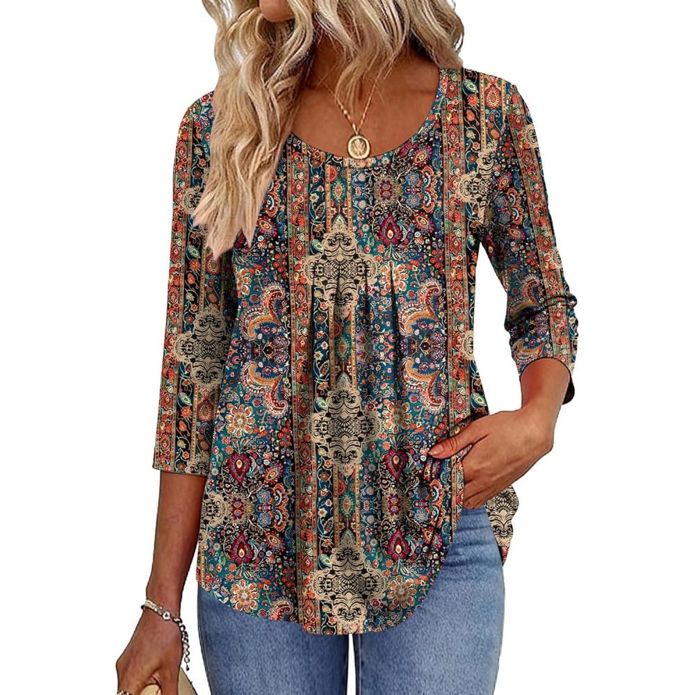 imageZeagoo 34 Sleeve Tops for Women Crew Neck Blouses Pleated Casual Shirts Fall Work Clothes 2026Multi Floral Mz721