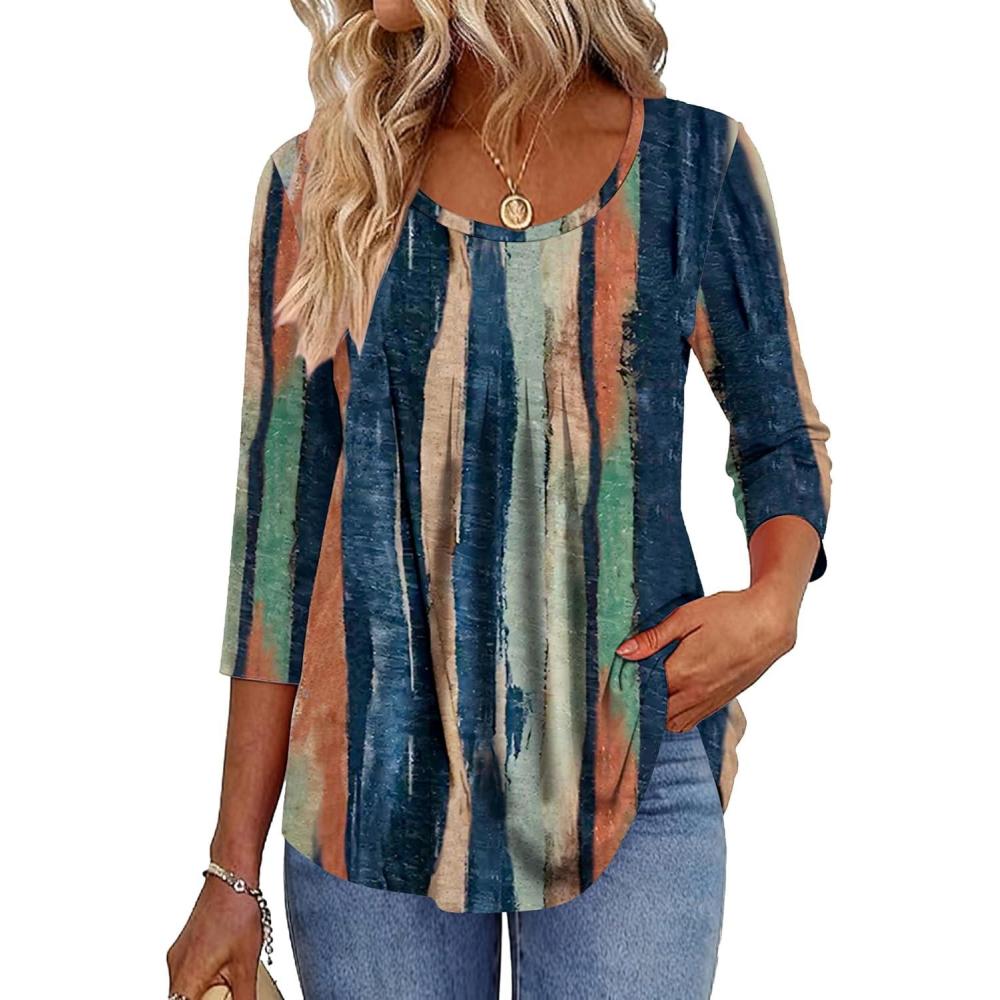 imageZeagoo 34 Sleeve Tops for Women Crew Neck Blouses Pleated Casual Shirts Fall Work Clothes 2026Multi Striped Cx89